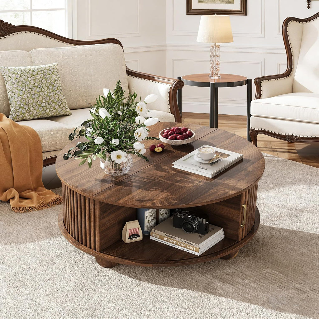 Round Coffee Table with Storage, Fluted Center Table with Sliding Tambour Door and Open Shelves, Mid Century Small Coffee Table for Living Room, Small Space, Walnut