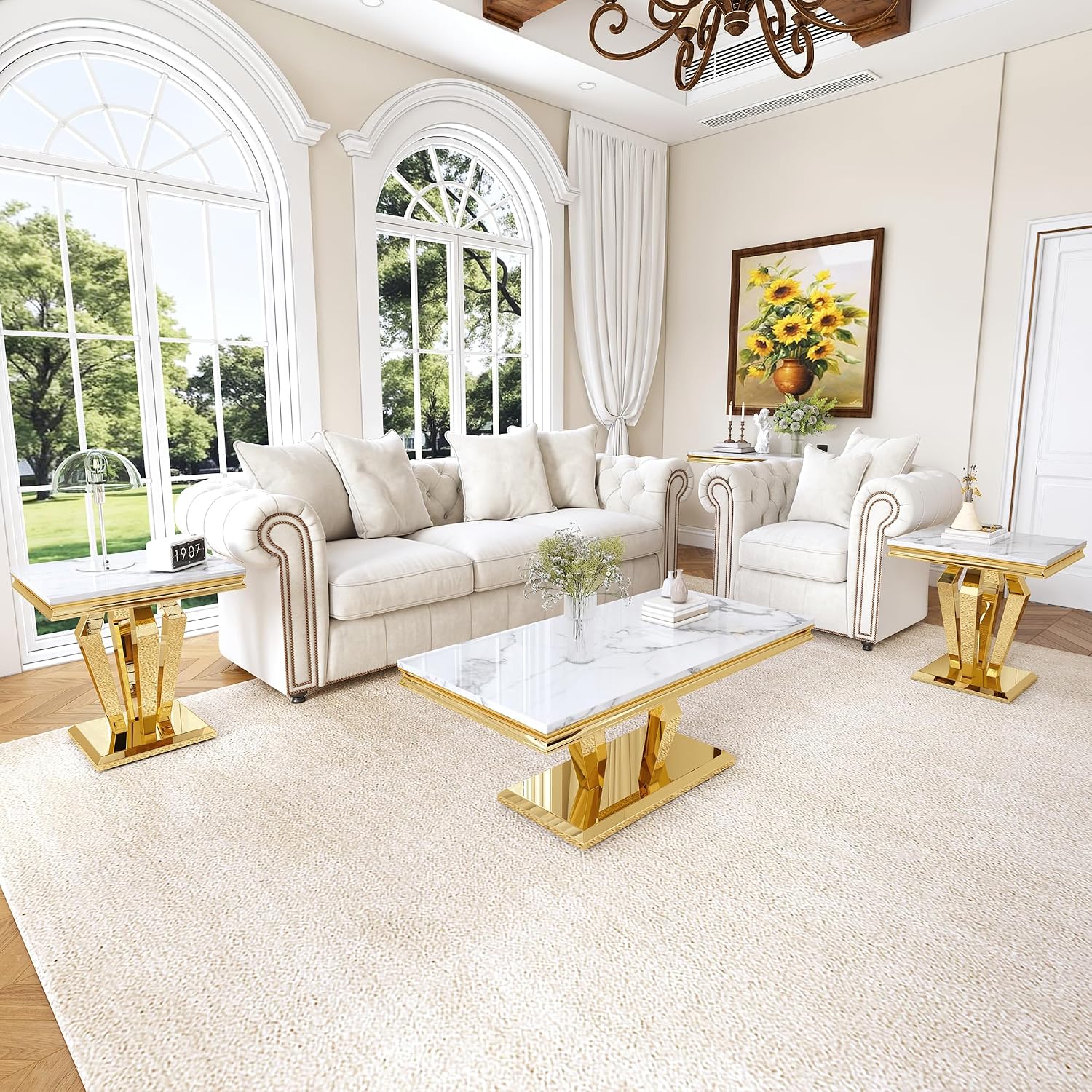 Living Room Coffee Table Set of 3, Modern Marble Coffee Table and 2 End Side Tables, 3-Piece Living Room Table Set with Stainless Steel Base for Living Room (Gold,White)
