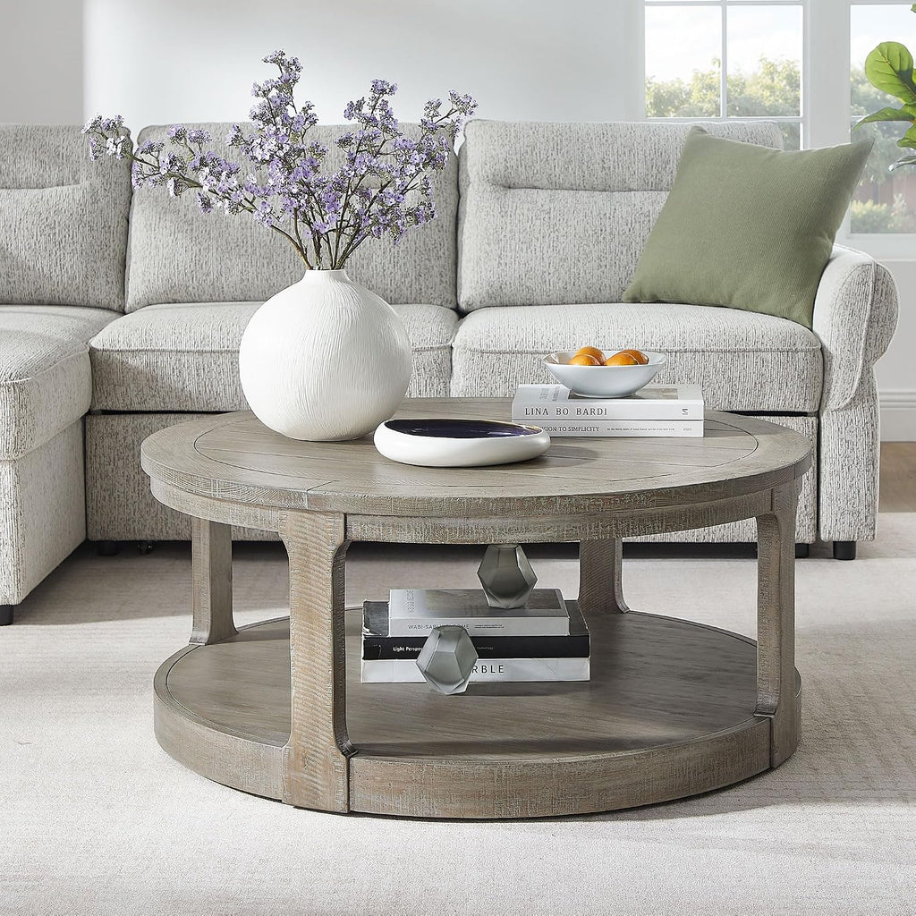 40' Round Coffee Table with Wheels, 2 Tier Wood Center Coffee Tables, Retro Farmhouse Circle End Table with Storage Shelf for Living Room Apartment Office (Light Brown)