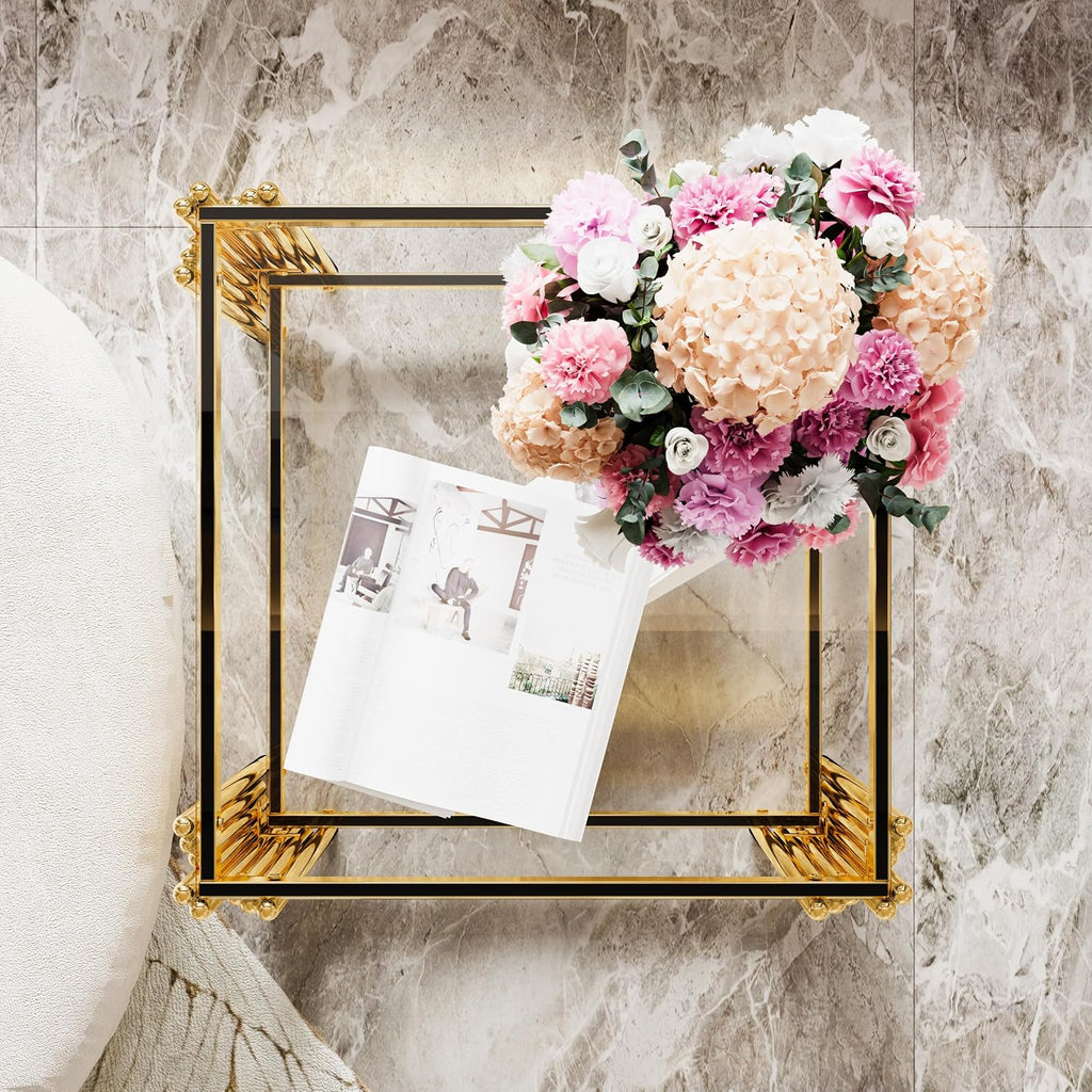 19.9'' Tempered Glass Side Tabel Square End for Living Room, 2-Tier Modern Accent Square Design, Transparent Mirror Tabletop & Metal Drum Base, Easy Assembly, Transparent & Gold