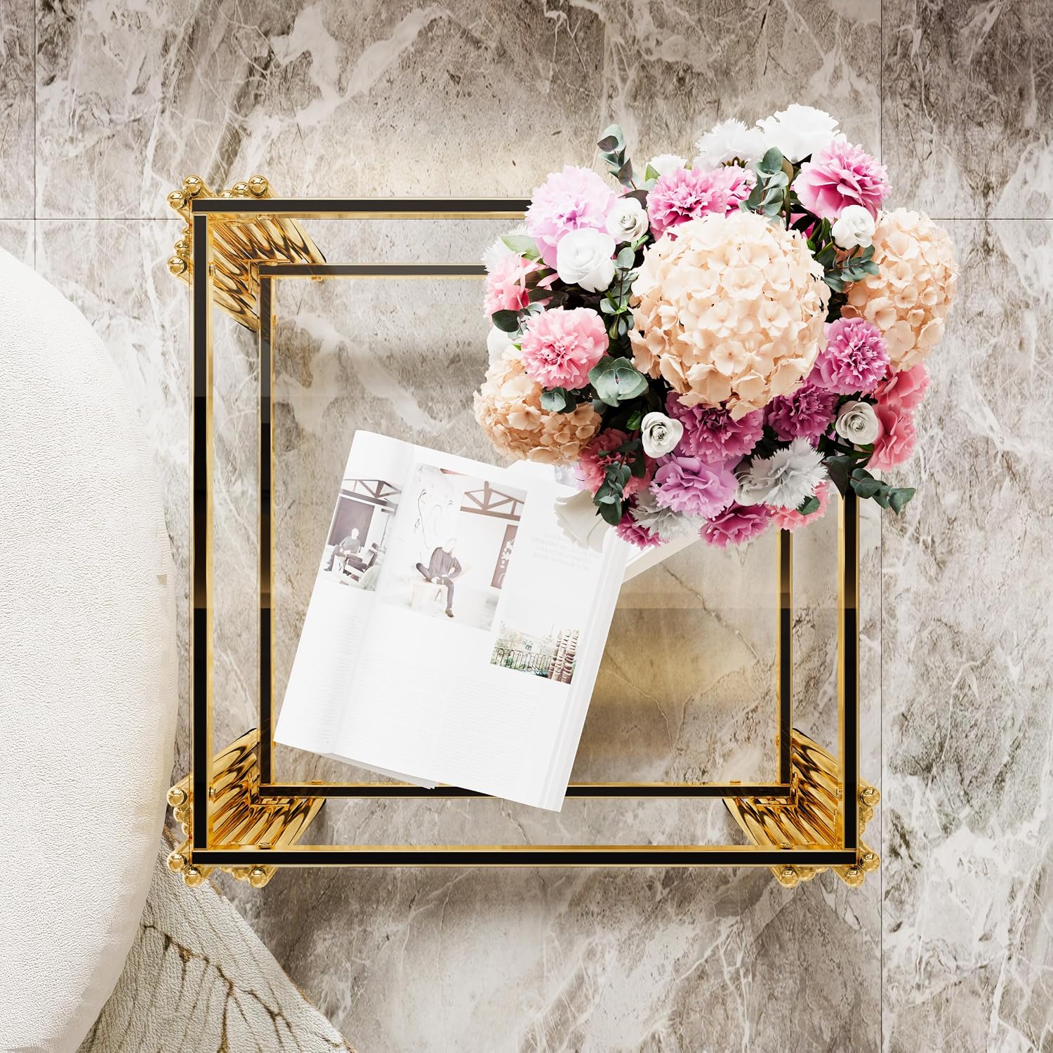 19.9'' Tempered Glass Side Tabel Square End for Living Room, 2-Tier Modern Accent Square Design, Transparent Mirror Tabletop & Metal Drum Base, Easy Assembly, Transparent & Gold