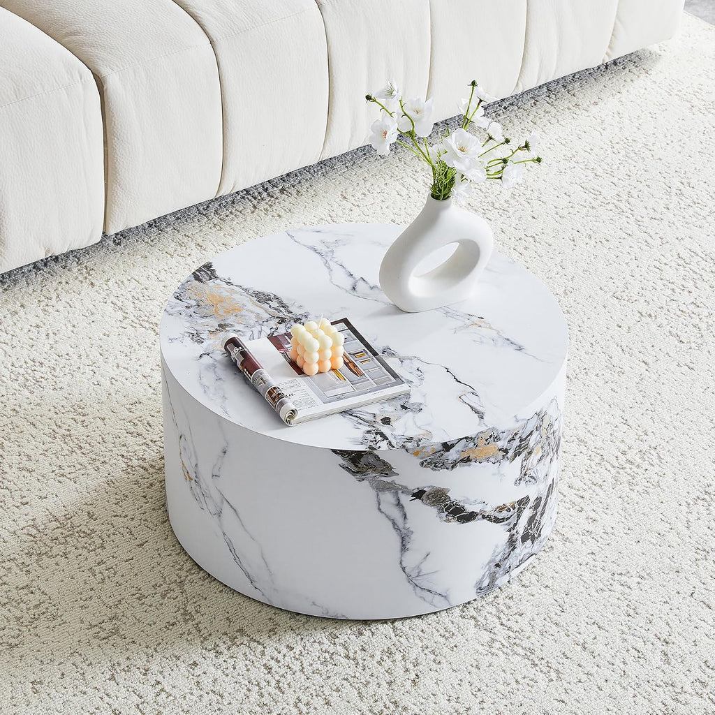 23.6' White Marble Small Coffee Table for Living Room Round Faux Marble Center Table Modern Drum-Shape Wooden Cocktail Table for Home Office - Fully Assembled