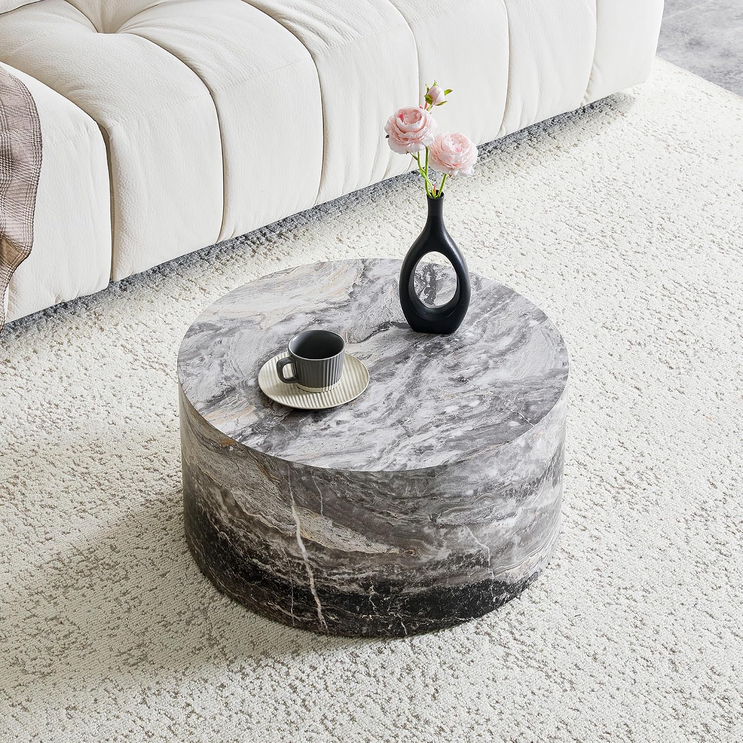 23.6' Grey Marble Small Coffee Table for Living Room Round Faux Marble Center Table Modern Drum-Shape Wooden Cocktail Table for Home Office - Fully Assembled