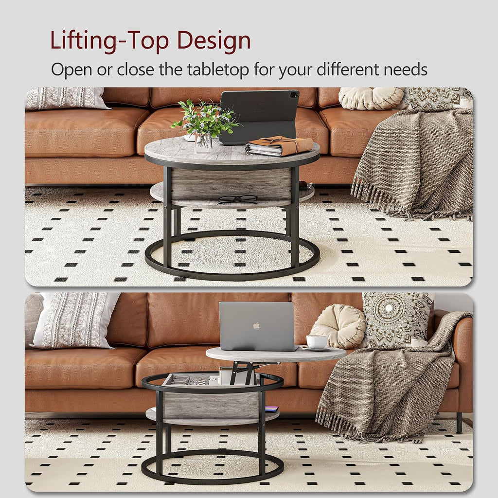Round Coffee Table with Storage,Lift Top Coffee Table for Living Room Reception Room,2 Tier Small Round Table Dining Center,Grey