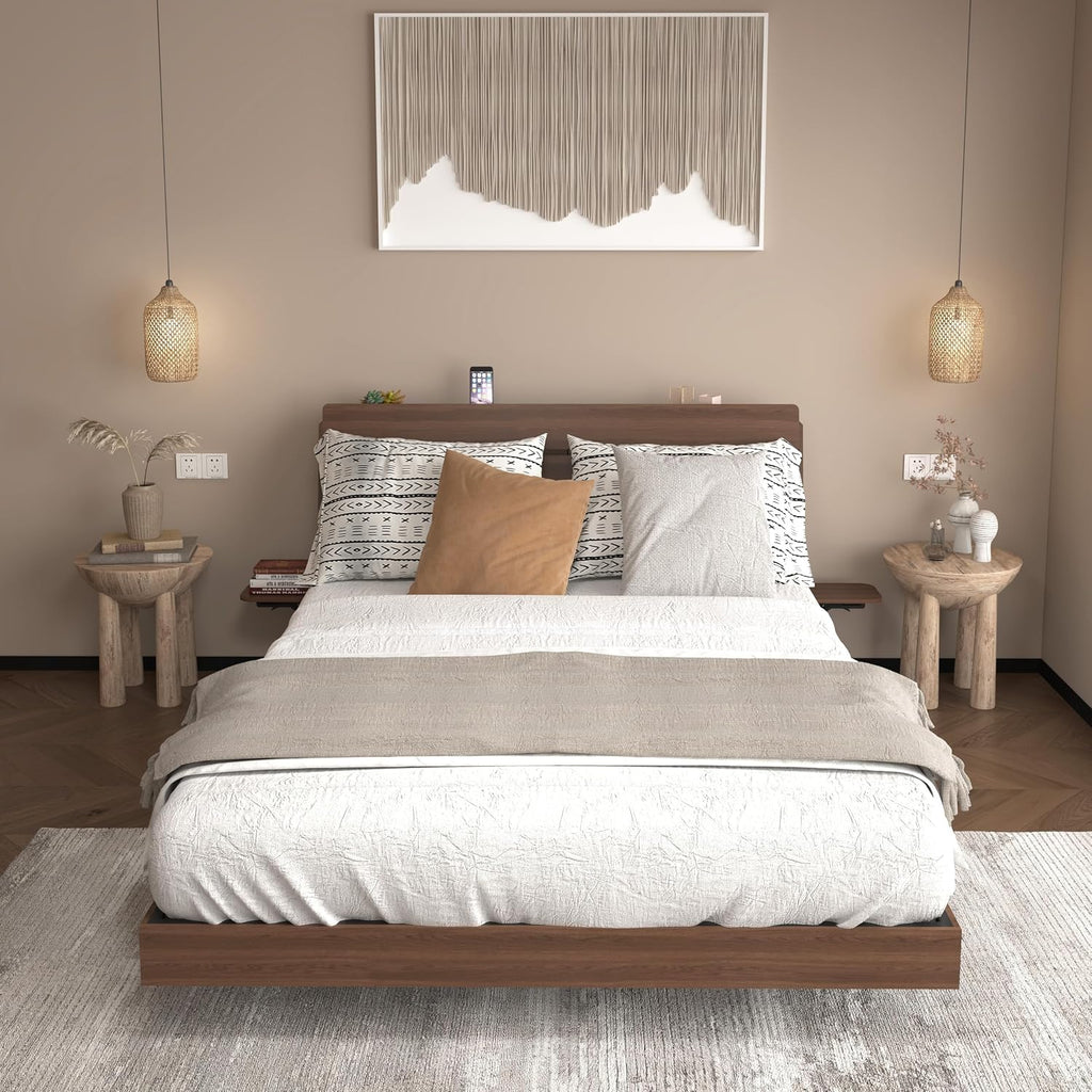 Floating Bed Frame Queen with LED Lights - Wooden Bed Frame with RGB Lighting & Charging Station for Modern Bedroom - Tech Enthusiasts Smart Home Furniture with Foldable Tabletops & App Contro