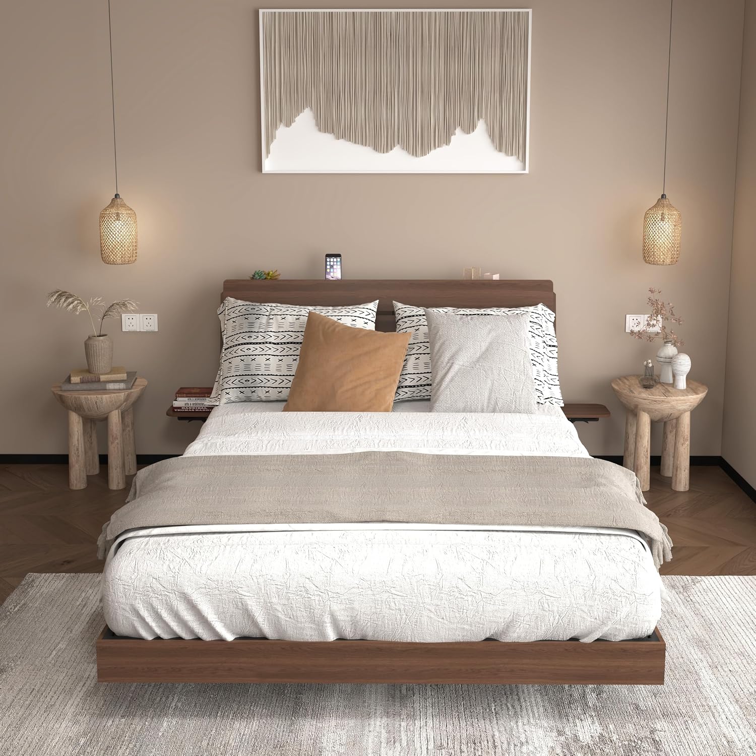 Floating Bed Frame Queen with LED Lights - Wooden Bed Frame with RGB Lighting & Charging Station for Modern Bedroom - Tech Enthusiasts Smart Home Furniture with Foldable Tabletops & App Contro