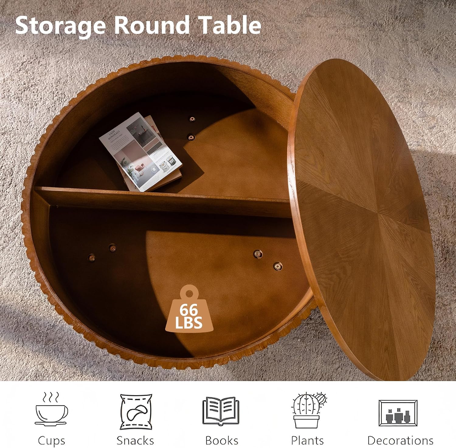 Setawix 31.5' Round Coffee Table with Storage Space, Small Side Tea End Table for Living Room, Wooden Rustic Coffee Table, Storage Entry Way Table, Natural