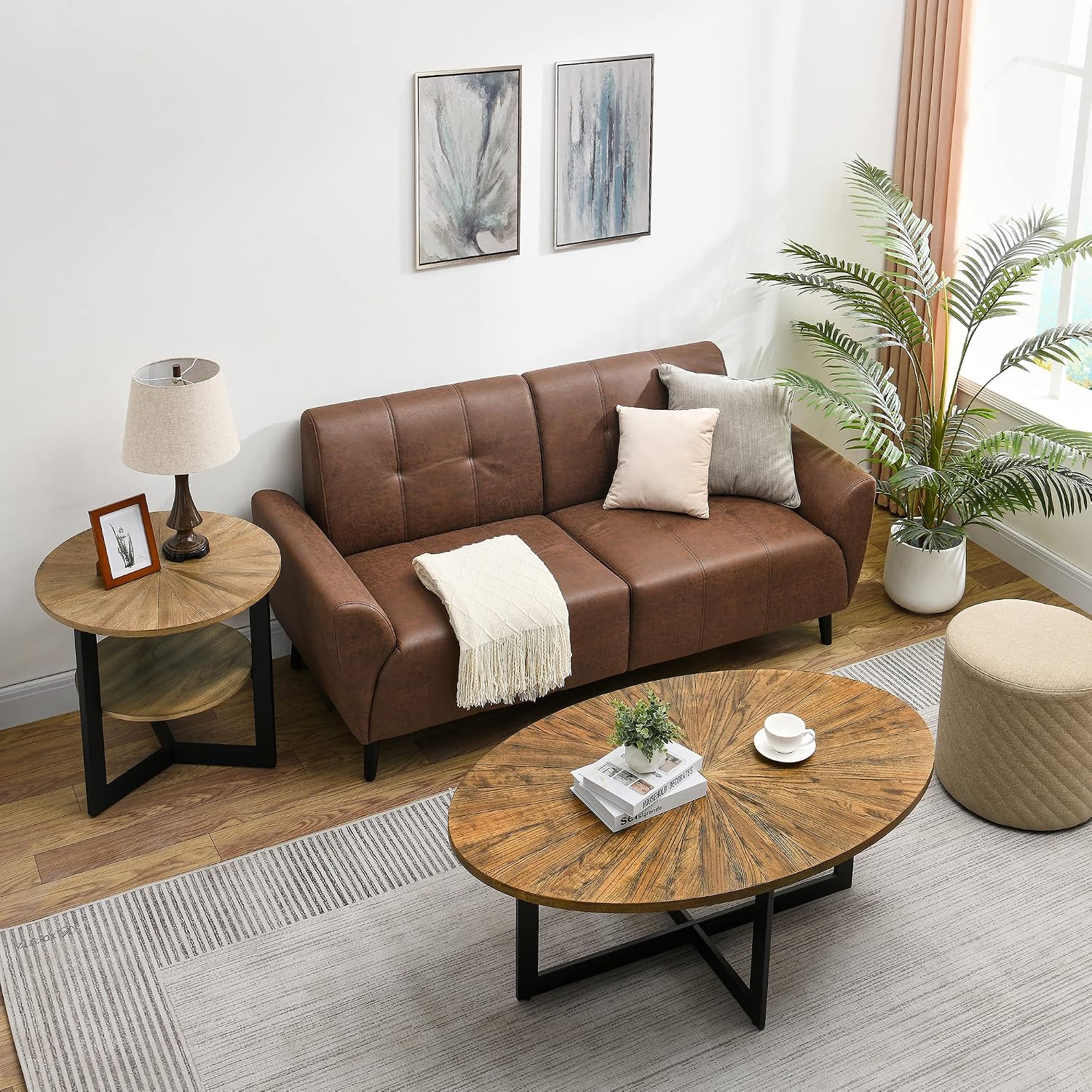 Solid Wood Oval Coffee Table with Cross Metal Legs, 47.9' Industrail Bar Cocktail Table for Living Room Kitchen Office Sofa Table Bristro Table for Cafe/Bar Rustic Brown 1831