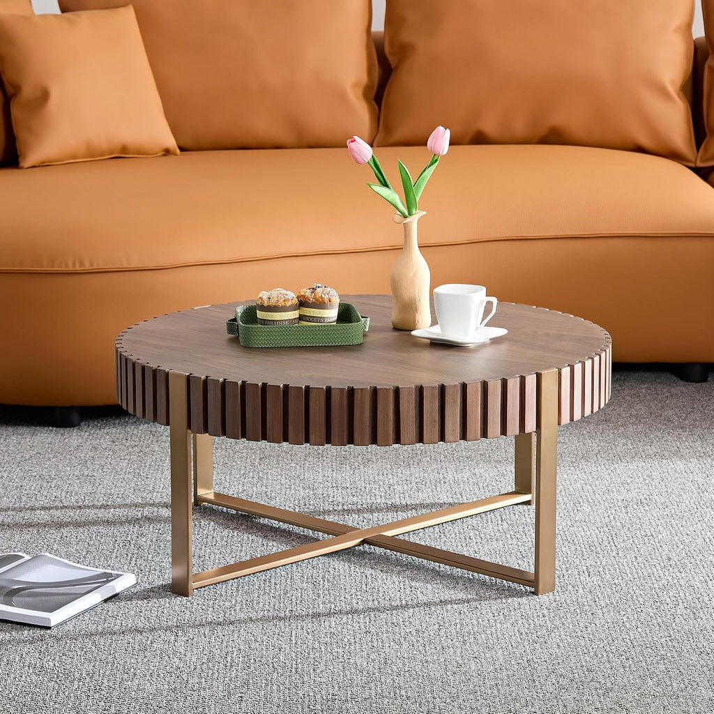 31.49'' Walnut Round Coffee Table, Modern Wood Circle Fluted Coffee Table for Living Room, Rose Gold Legs, Easy Assembly, Walnut