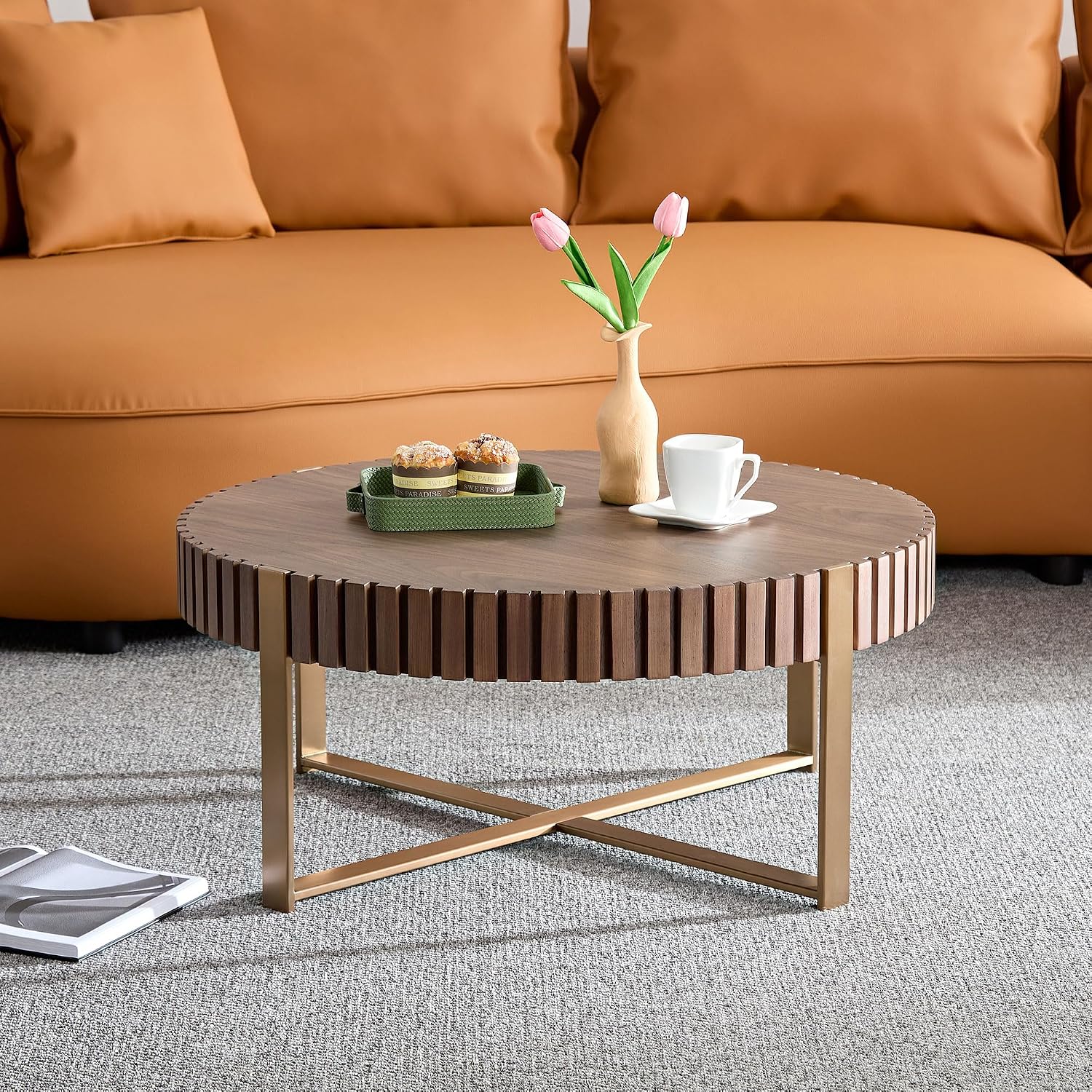 31.49'' Walnut Round Coffee Table, Modern Wood Circle Fluted Coffee Table for Living Room, Rose Gold Legs, Easy Assembly, Walnut