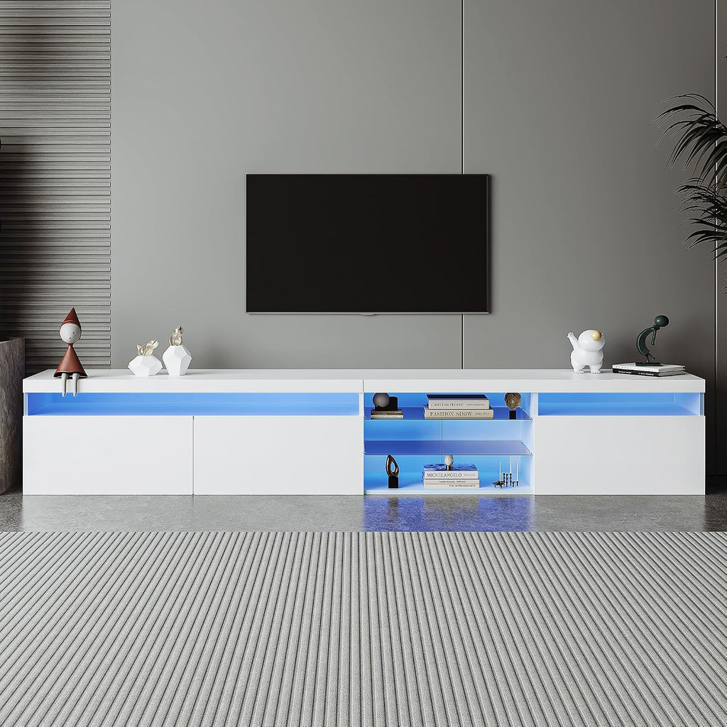 Ball & Cast Modern TV Stand for TVs up to 105 inch, 95' Entertainment Center with LED Lights and 2 Open Glass Shelves, Media Console w/Storage Cabinets for Living Room, Bedroom, White
