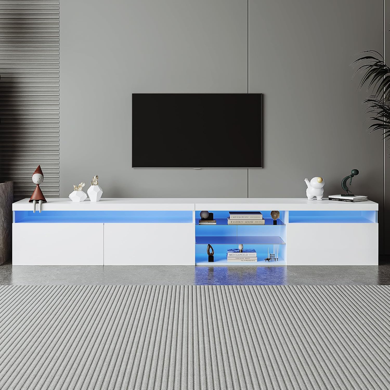 Ball & Cast Modern TV Stand for TVs up to 105 inch, 95' Entertainment Center with LED Lights and 2 Open Glass Shelves, Media Console w/Storage Cabinets for Living Room, Bedroom, White