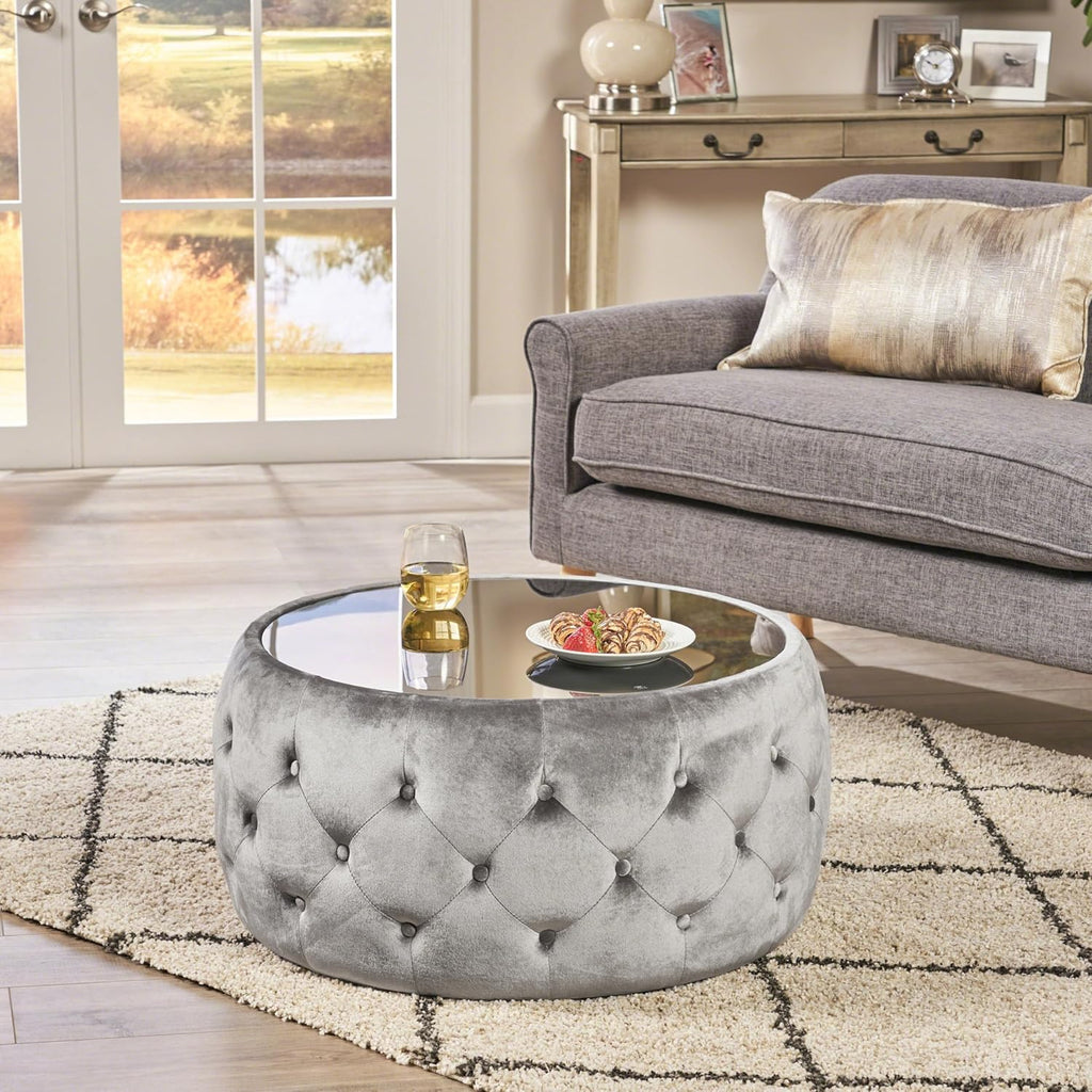 30' Round Velvet Ottoman Coffee Table, Button Tufted Coffee Table with Tempered Glass Top Modern Upholstered Tufted Velvet Cocktail Center Table for Living Room, Fully Assembled (Gray)