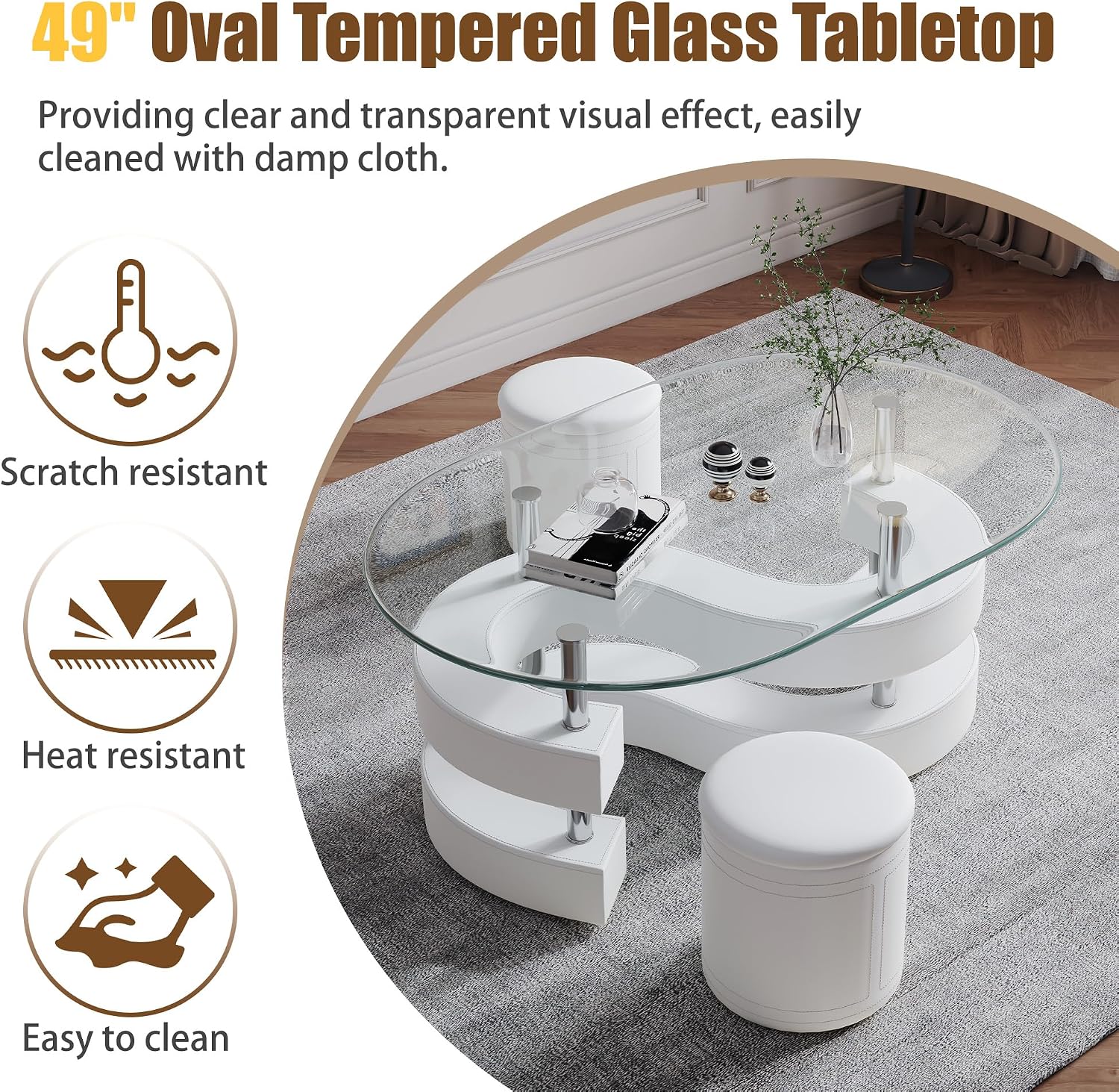 Glass Coffee Table Set with 2 Stools, 49' Oval Coffee Table with Tempered-Glass Table Top and 2 Leather Stools, Modern Center Table Set for Living Room, Home Office