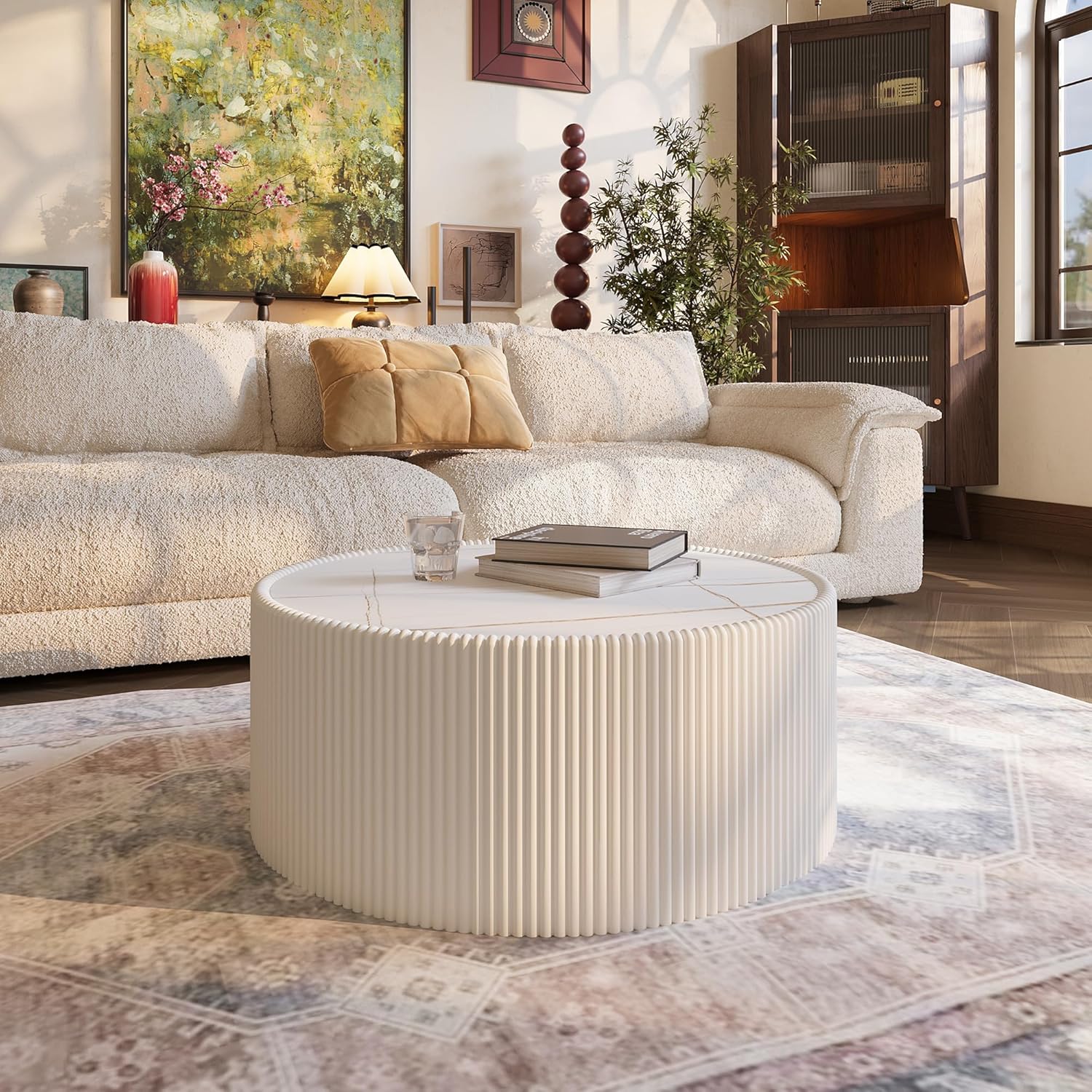 29.5 Inch Gold Pattern Sintered Stone Top & PU Leather Base Cylinder Coffee Table, Modern Drum Shape Side Table, No Assembly White