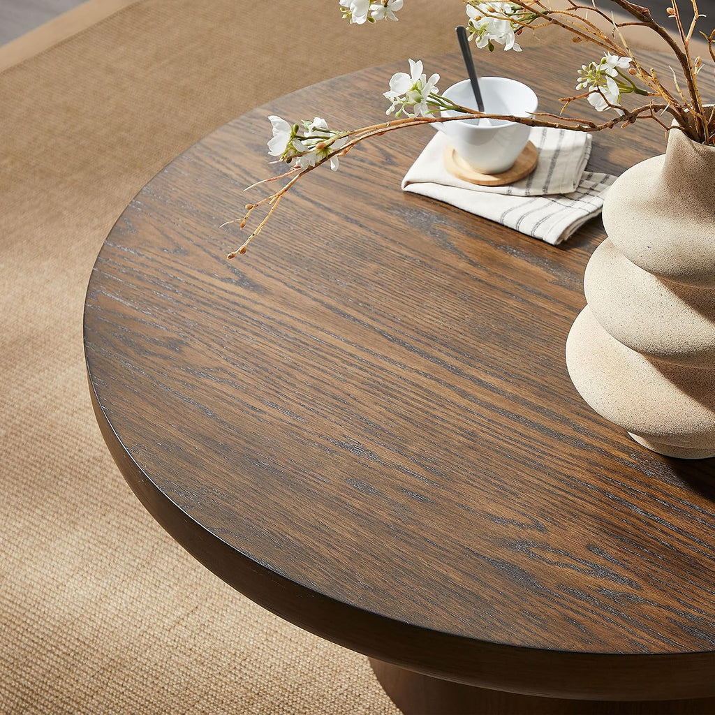 35.98' Round Coffee Table for Living Room, Modern Wood Circle Coffee Tables, Farmhouse Pedestal Center Table with Sturdy Base, Easy Assembly, Dark Brown
