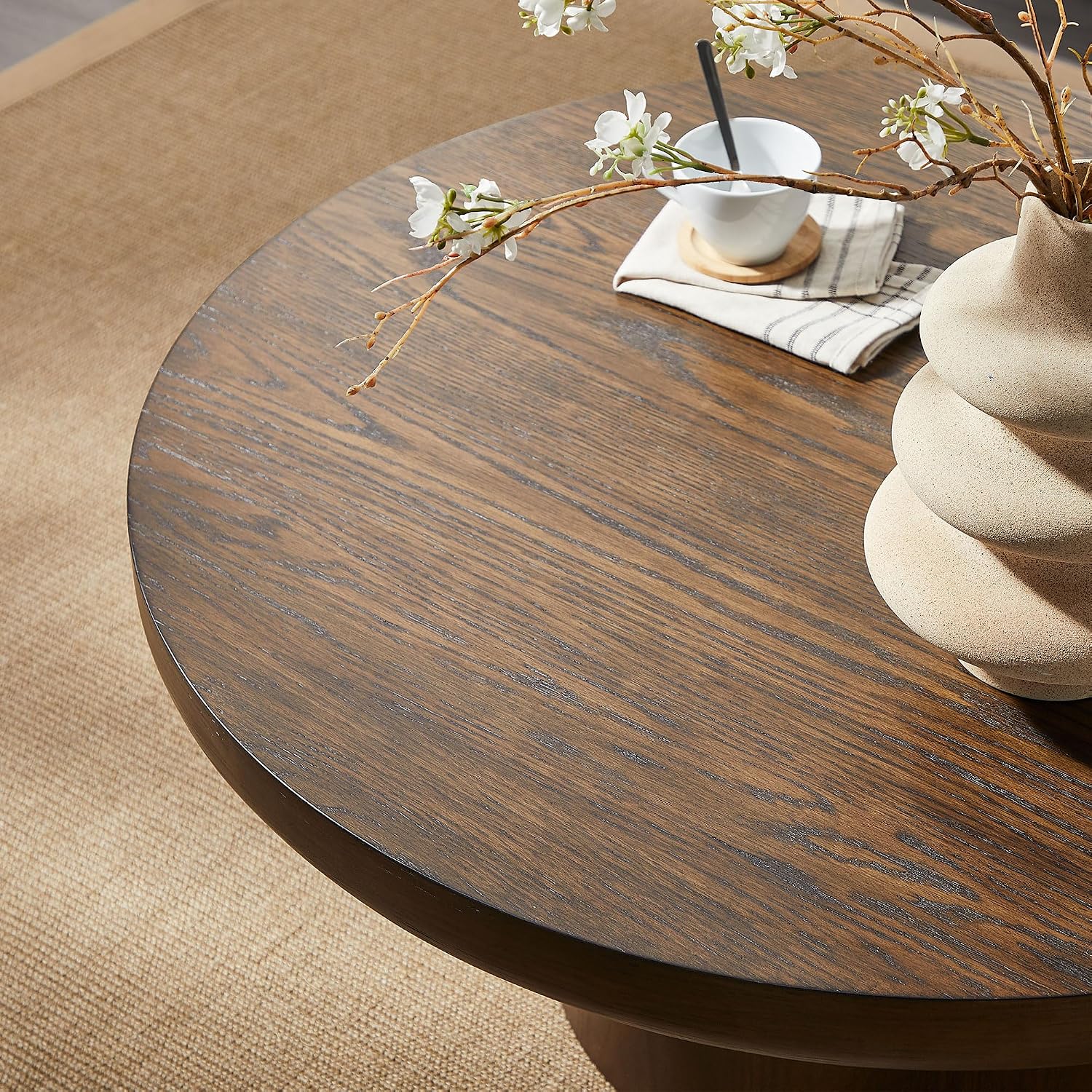 35.98' Round Coffee Table for Living Room, Modern Wood Circle Coffee Tables, Farmhouse Pedestal Center Table with Sturdy Base, Easy Assembly, Dark Brown