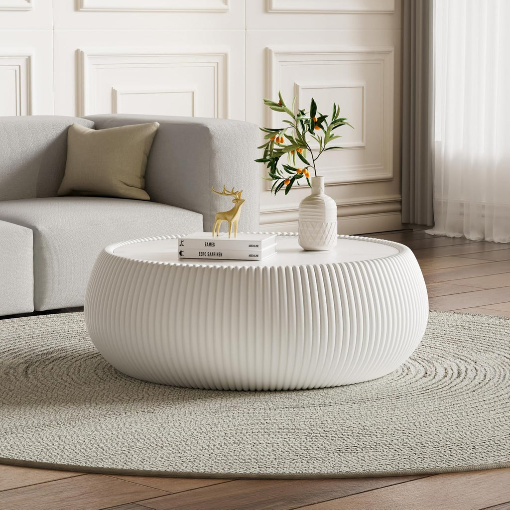 Modern Round Coffee Table Luxury Sintered Stone Top Coffee Table in Cream White Leatherette Creative Drum-Shape Cocktail Center Table for Living Room Bedroom,Fully Assembled