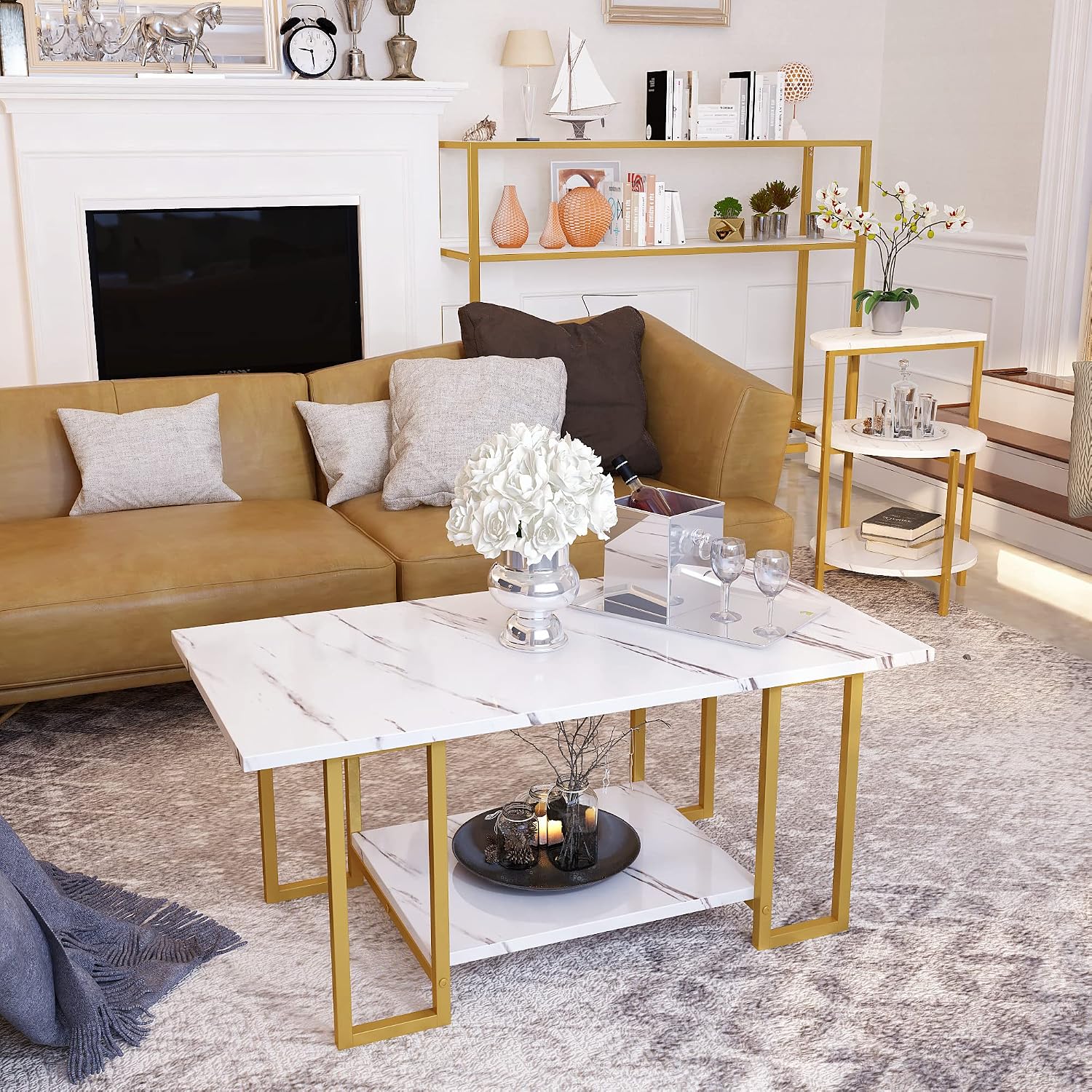 Lamerge Living Room Table Set of 3,Faux Marble Coffee Table & 3-Tier Side Table & Console Tables,Modern Table Set with Gold Metal Frame, White &Gold, Rectangle with Console (LLRT-WG)