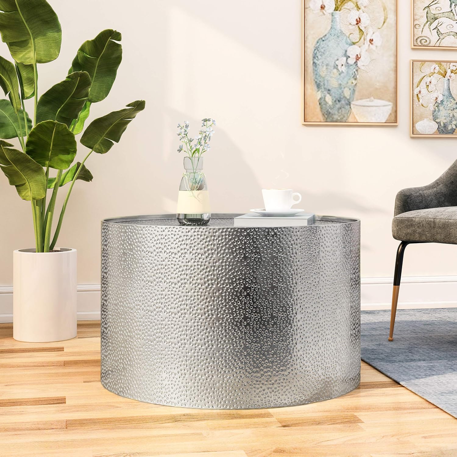 Christopher Knight Home Rache Modern Round Coffee Table with Hammered Iron, Silver, 26. 00' L x 26. 00' W x 17. 25' H