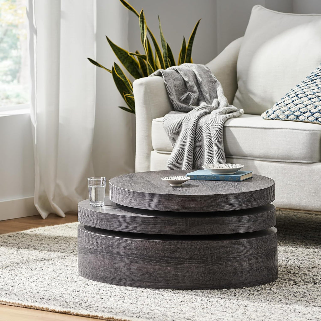 Round Oval Coffee Table Modern 3-Tier Rotatable Wood Coffee Table, Easy Assembly, Black (40.15 * 23.75 * 13in)