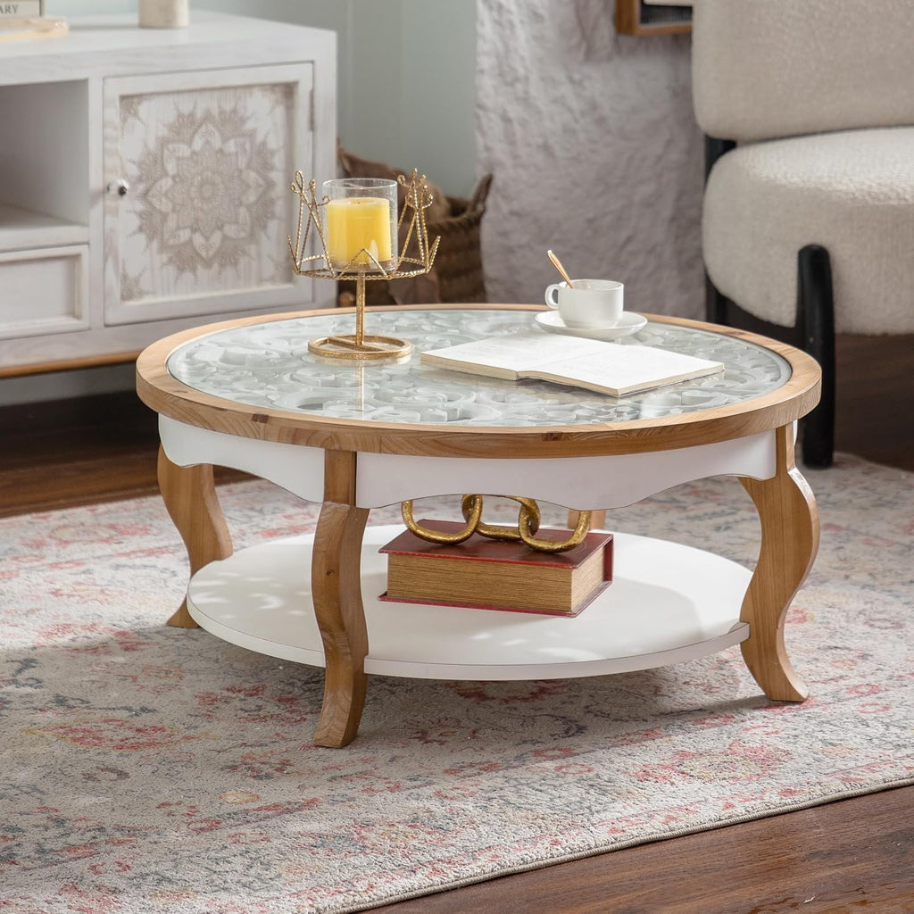31.5' Round Coffee Table with Glass Top, Vintage French Country Solid Wood Circle Center Table with Curved Legs & Removable Tempered Glass End Table for Living Room