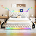 Music Player Bed with Bluetooth Speakers, Queen Size Smart Bed, Multi-Color LED Lighting,USB&Type C Charging Ports,4 Storage Drawers,Velvet Bed Frame with Headoard,Wooden Slats (Beige, Queen)