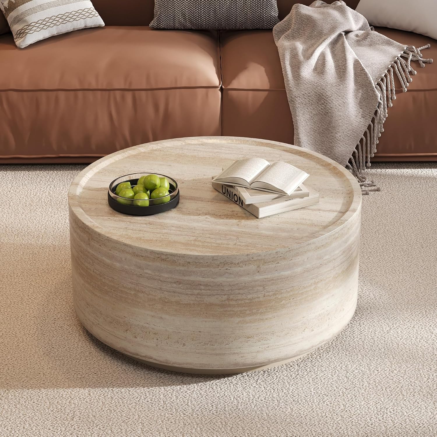 LUMISOL 27.5' Round Coffee Table, Faux Marble Center Table with Drum Design, Contemporary Side Table with Durable Construction for Living Room, Office, Apartment, No Assembly Required, Beige