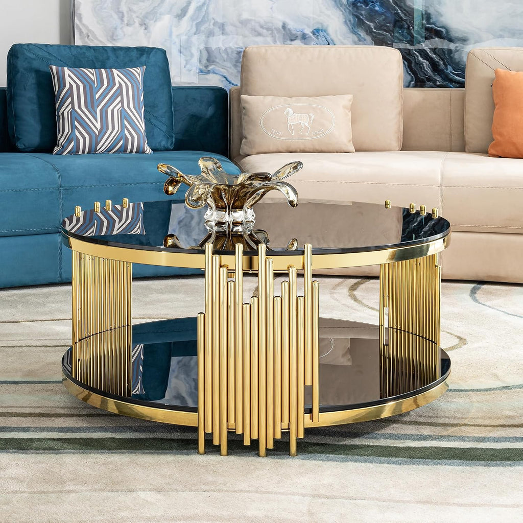 31.5'' Tempered Glass Round Coffee Table for Living Room, 2-Tier Modern Circle Coffee Table, Glass Tabletop & Stainless Steel Frame, Easy Assembly, Black & Gold