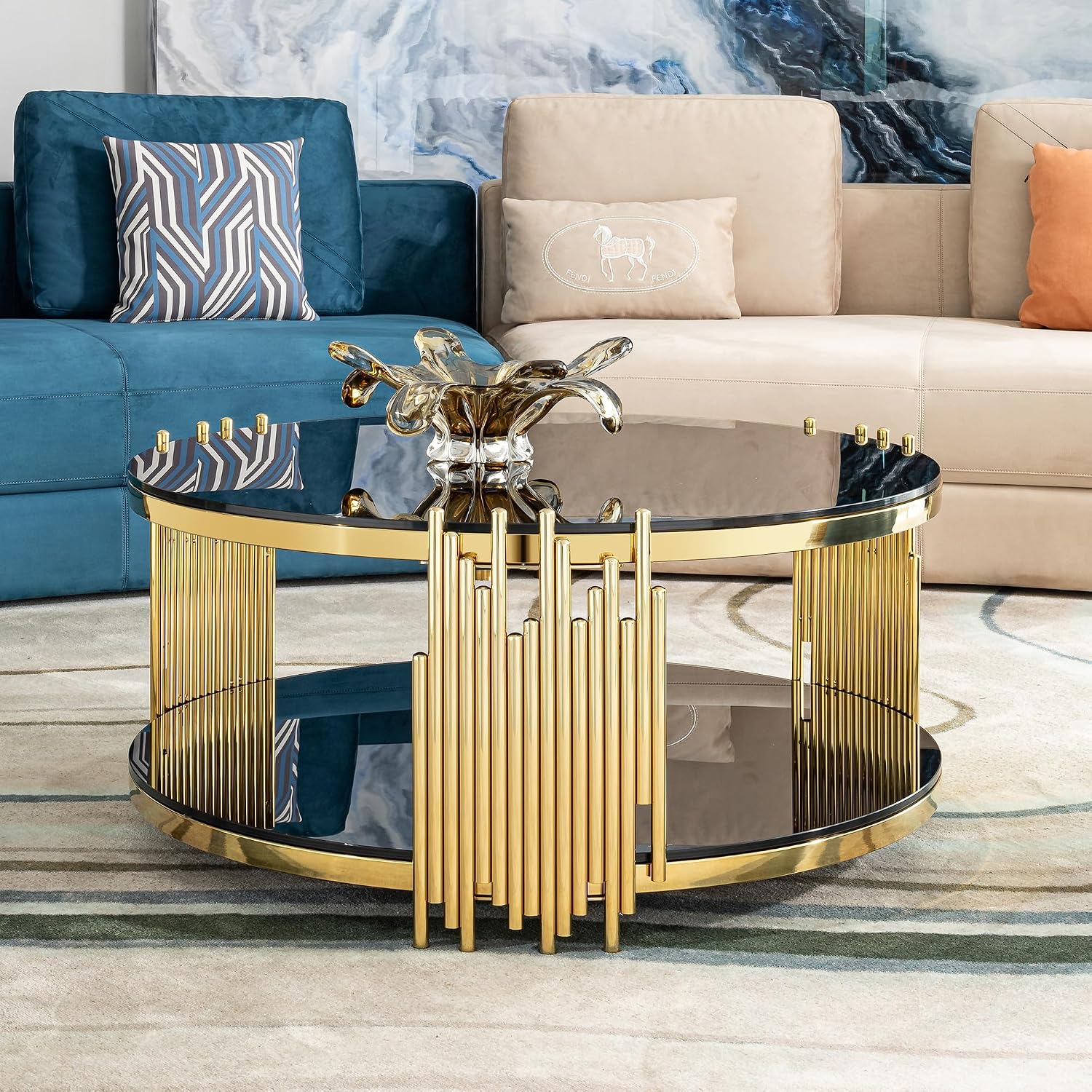 31.5'' Tempered Glass Round Coffee Table for Living Room, 2-Tier Modern Circle Coffee Table, Glass Tabletop & Stainless Steel Frame, Easy Assembly, Black & Gold