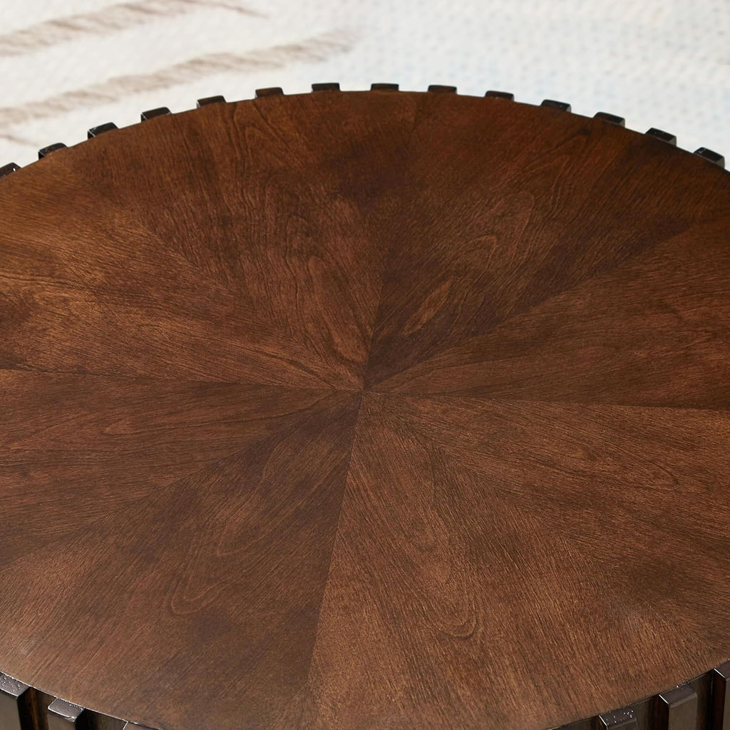 Round Wood Coffee Table Set of 2, Handcraft Drum Side Table End Table for Living Room, Modern Circle Wooden Coffee Table Set for Small Space, No Need Assembly(Deep Brown,31x31x16 in)