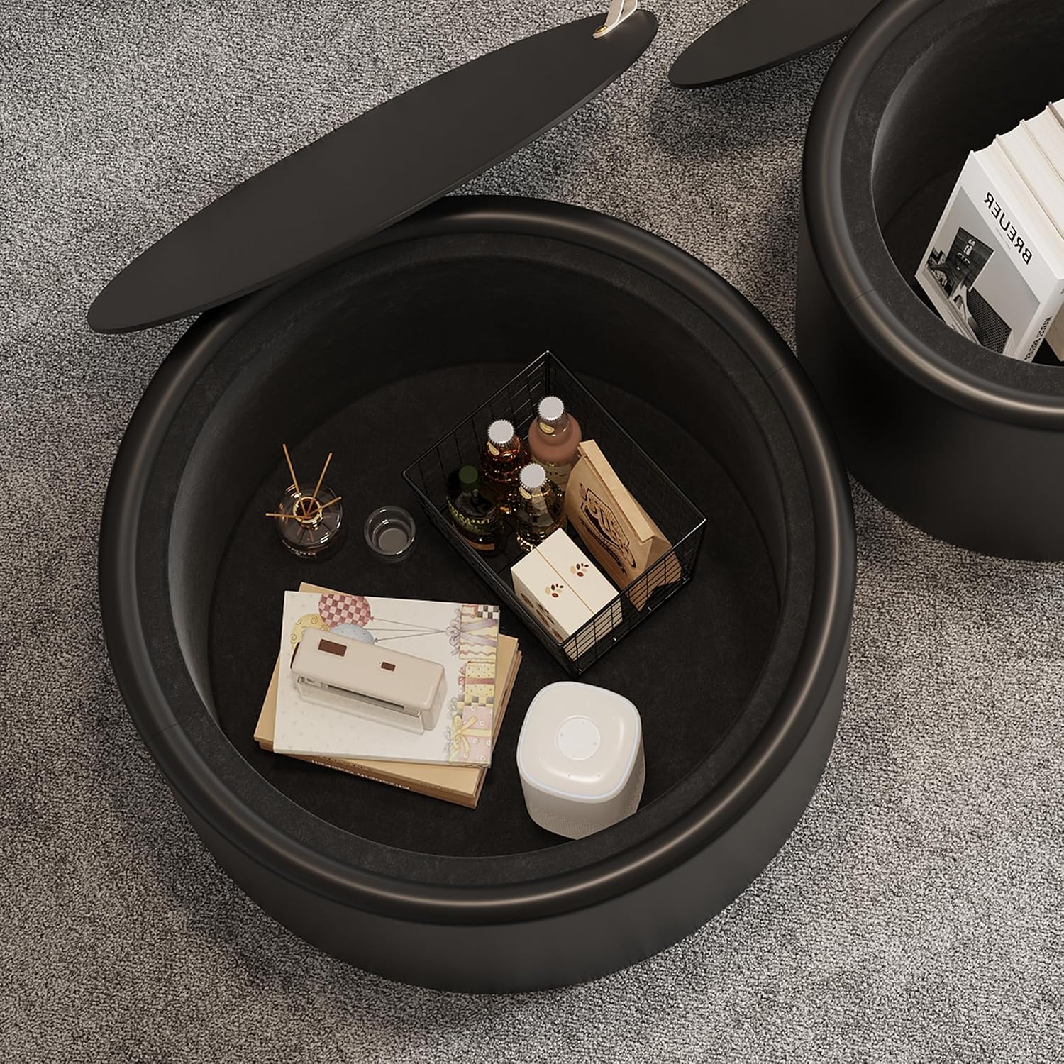 Black Round Coffee Table with Tempered Glass Top, PU Leather Accent Table with Hidden Storage, No Assembly Required Modern Coffee Tables for Living Room