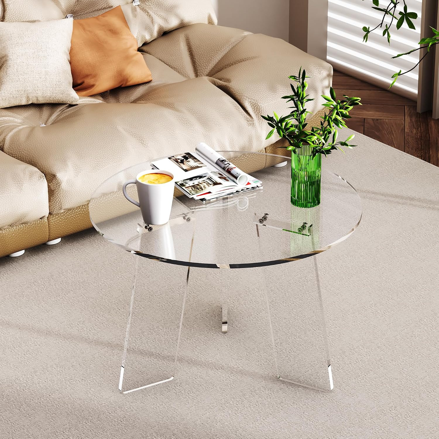 Acrylic Coffee Table Round, Clear Circle Modern Lucite Side Table Legs for Living Room, Bedroom, Office (Clear, 23.6' × 15.7')