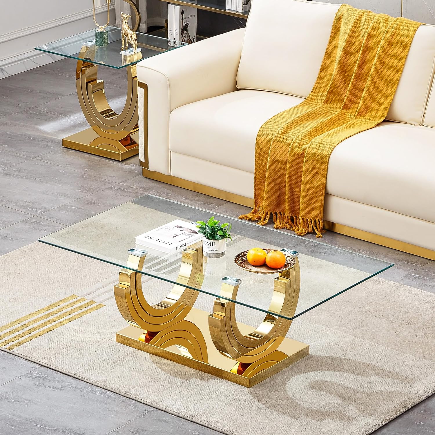 SSLine Modern 1 Piece Living Room Coffee Table Luxury Gold Glass Coffee Table with Ring-Shape Stainless Steel Base for Living Room Bedroom Office (1 Coffee Table)