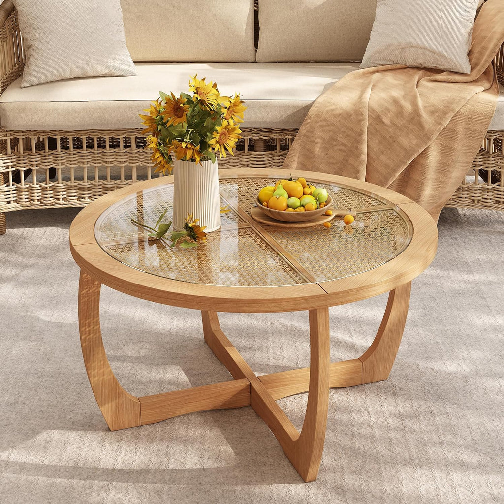 PADMA HOUSE Round Wood Coffee Table with Glass Rattan Top, Wooden Circle Center Table with Curved Legs & Removeable Tempered Glasstop, Cocktail Table for Living Room, Light Brown 32.28' x 18.15'