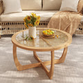 PADMA HOUSE Round Wood Coffee Table with Glass Rattan Top, Wooden Circle Center Table with Curved Legs & Removeable Tempered Glasstop, Cocktail Table for Living Room, Light Brown 32.28' x 18.15'