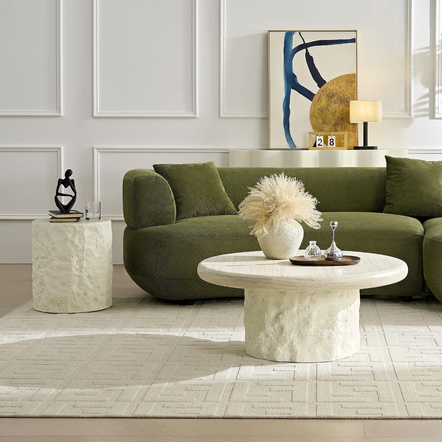 Set of 2 Round Coffee Tables for Living Room, 35.04' W x 14.96' H Faux Mars Circle Drum Pattern Modern Minimalist 15.75' W x17.72 Side Tables Accent End Table for Apartment, Office, Beige