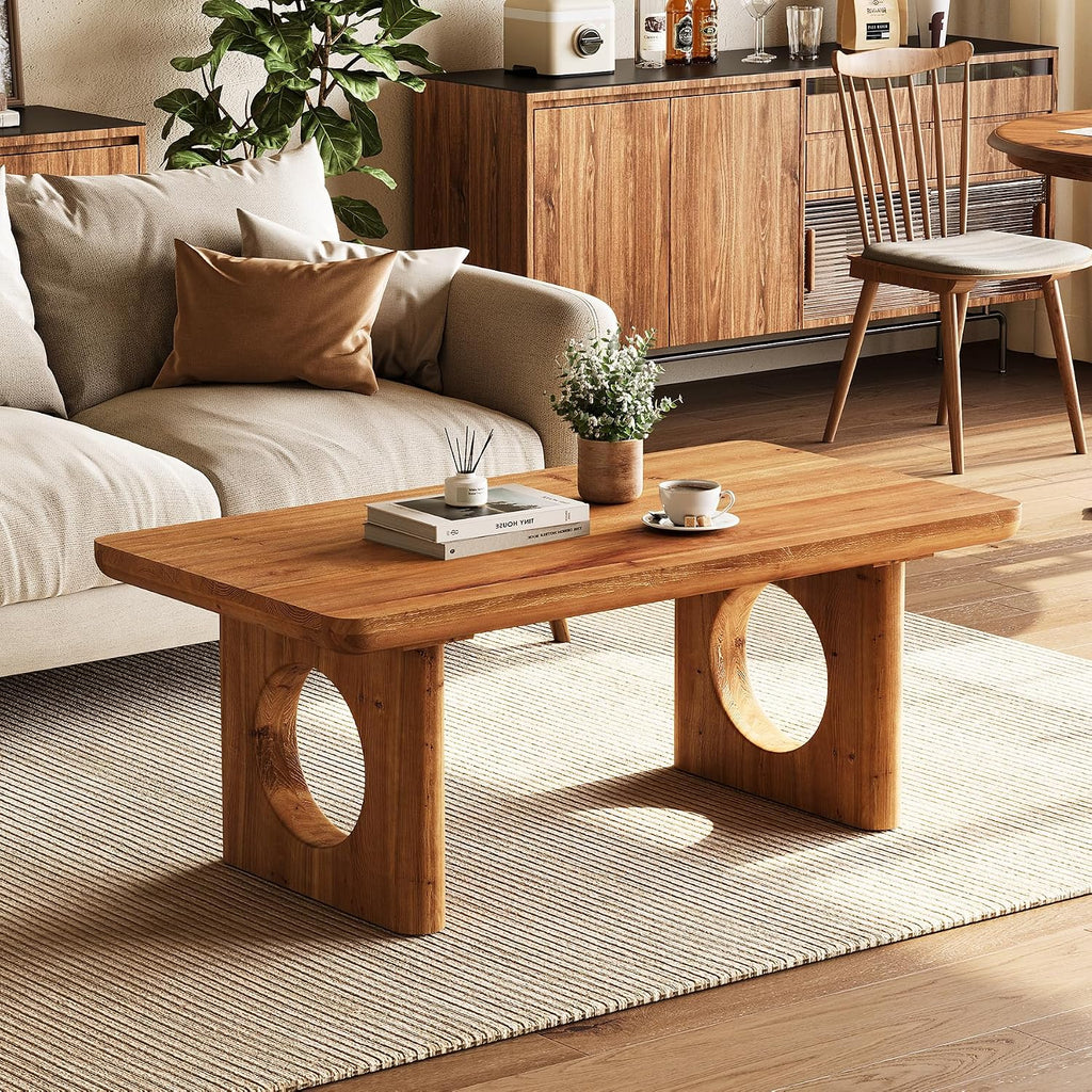 LITTLE TREE Solid Wood Coffee Table, Modern Farmhouse Coffee Table with Thick Tabletop, Rectangle Center Table for Living Room, Home Office, Bedroom, Brown