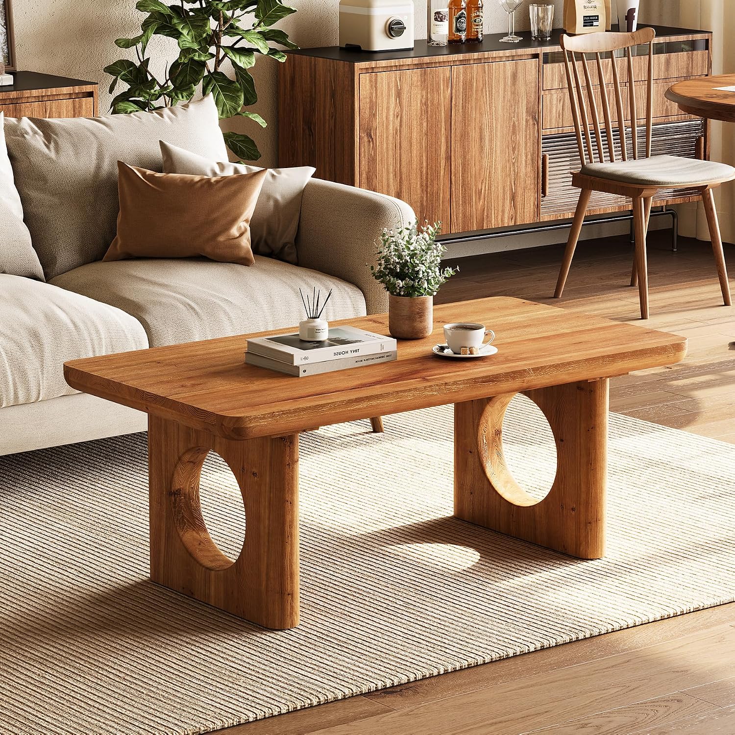 LITTLE TREE Solid Wood Coffee Table, Modern Farmhouse Coffee Table with Thick Tabletop, Rectangle Center Table for Living Room, Home Office, Bedroom, Brown
