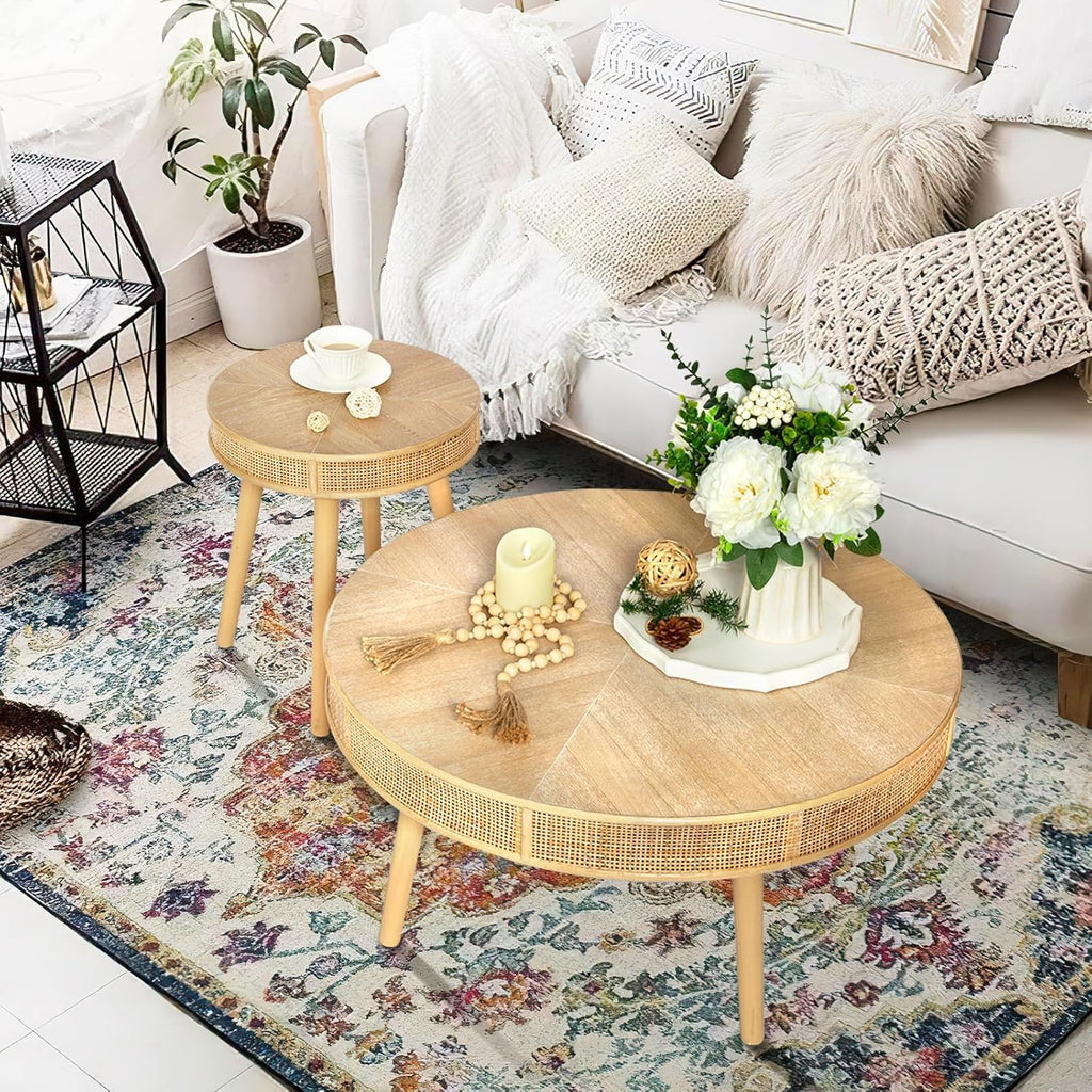 RUSTOWN 2-Piece Farmhouse Coffee Table, Modern Rustic Sofa Side Tea Tables, Solid Wood Finish with Crafted Rattan Side and End Table Sets for Living Room (Natural)