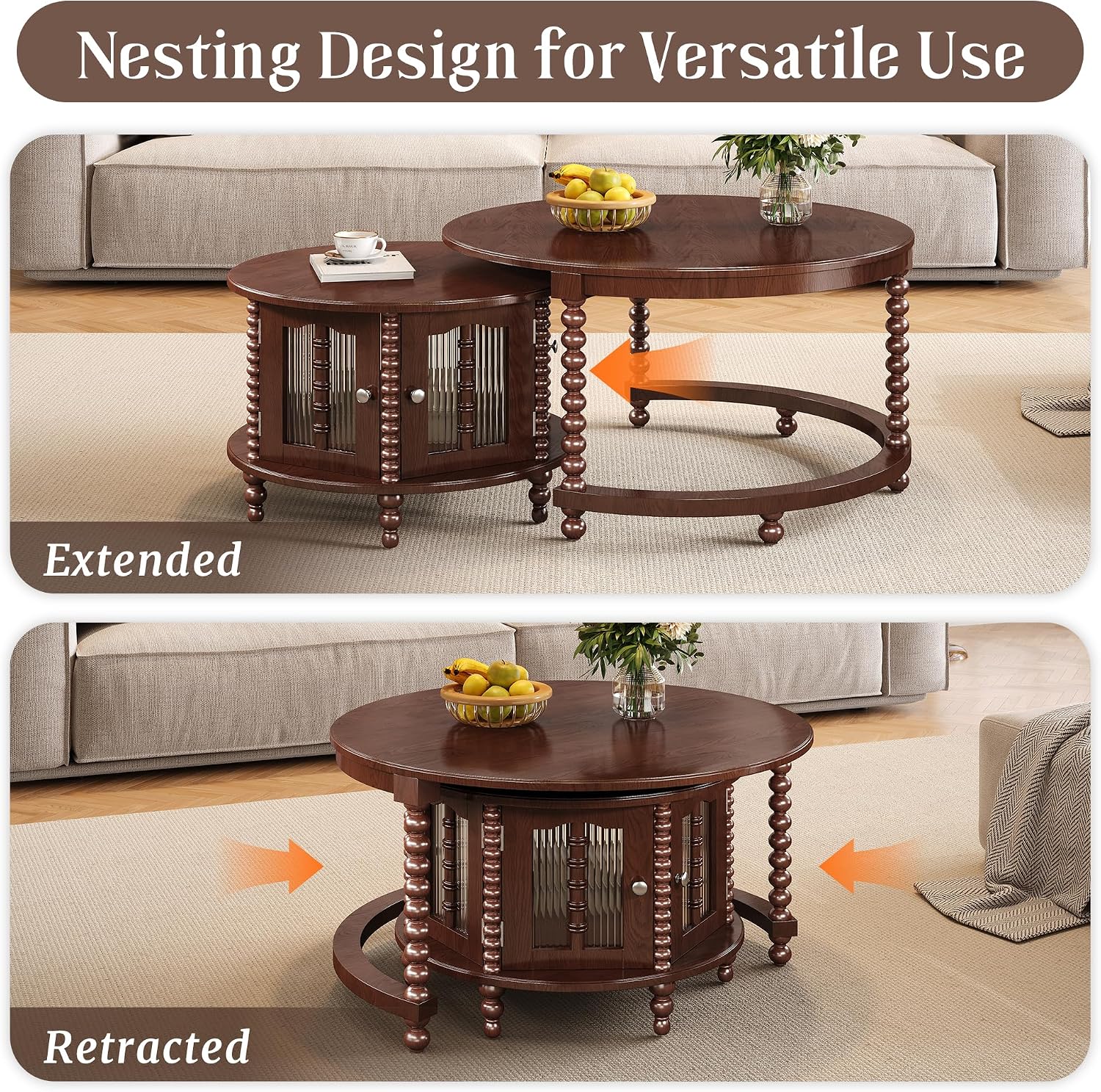 31.5' Vintage Round Nesting Coffee Table,Six Bamboo-Shaped Decorative Glass Doors,Retro Beaded Legs,Walnut