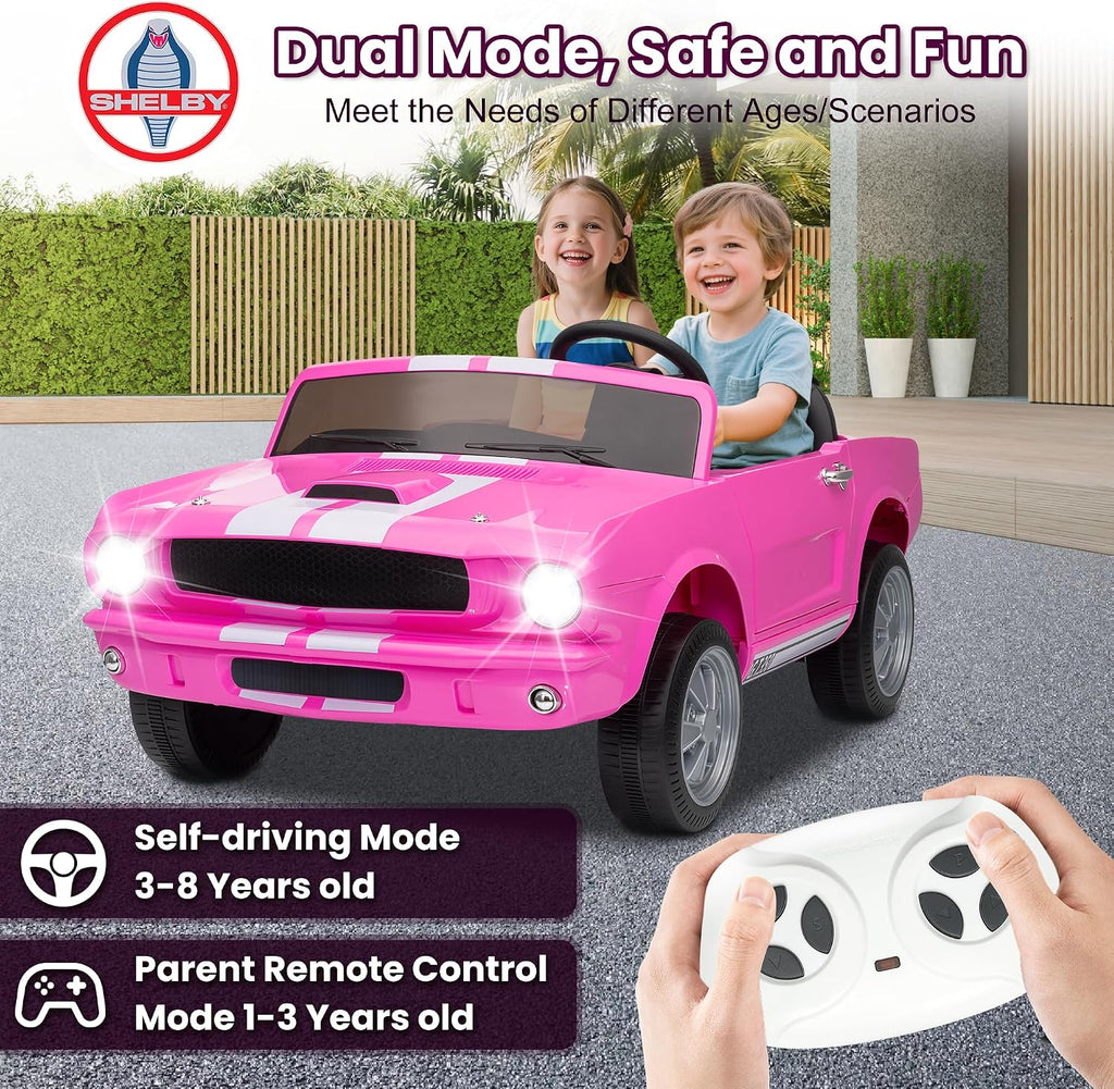 Wanan 24V Licensed Shelby Electric Car for Kids, Ride On Toy with Remote Control, Bluetooth Music, Adjustable 3 Speed, Multiple Panel, LED Lights, Shock Absorbers, Safety Belt (24V, Pink)