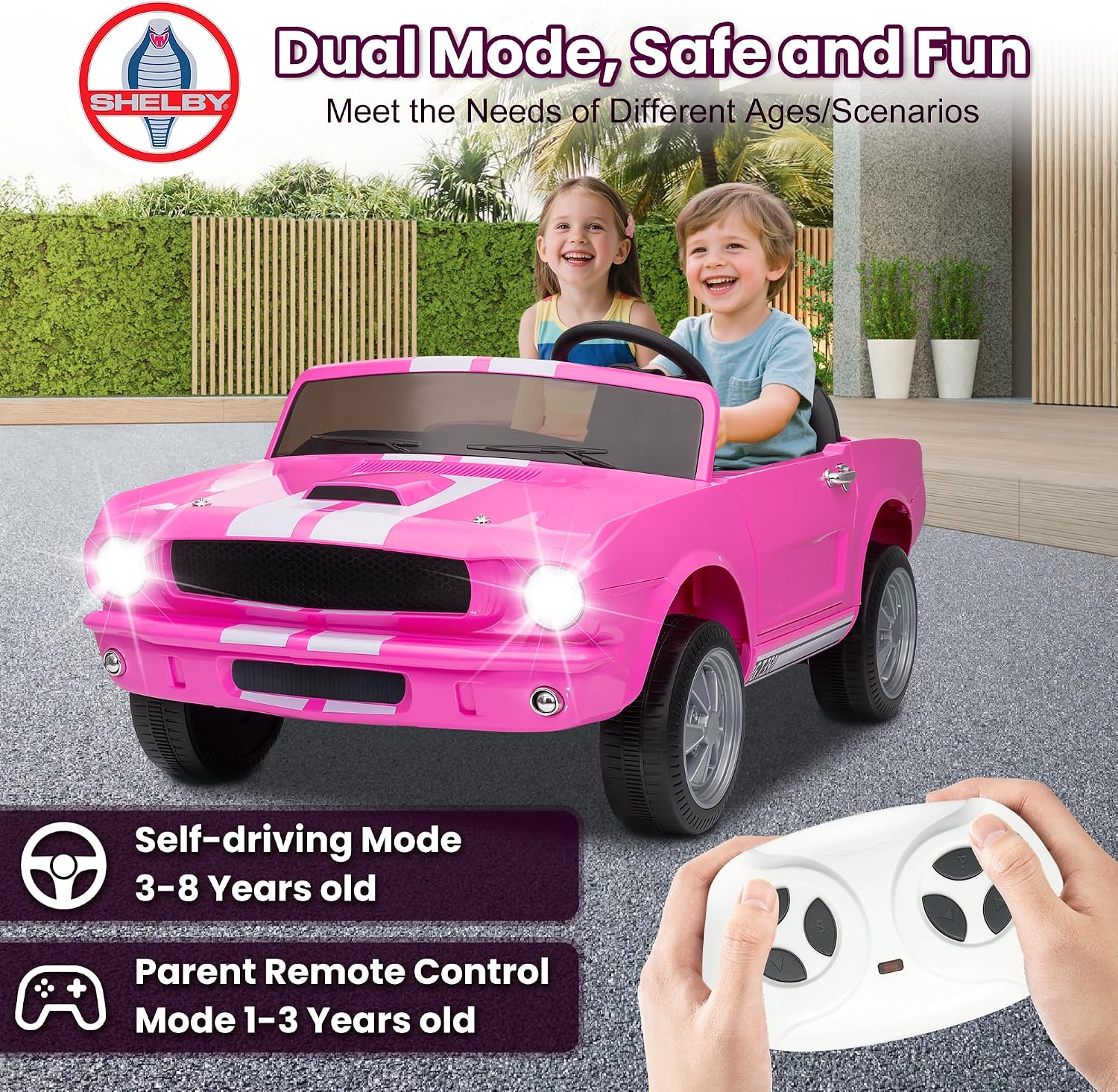Wanan 24V Licensed Shelby Electric Car for Kids, Ride On Toy with Remote Control, Bluetooth Music, Adjustable 3 Speed, Multiple Panel, LED Lights, Shock Absorbers, Safety Belt (24V, Pink)