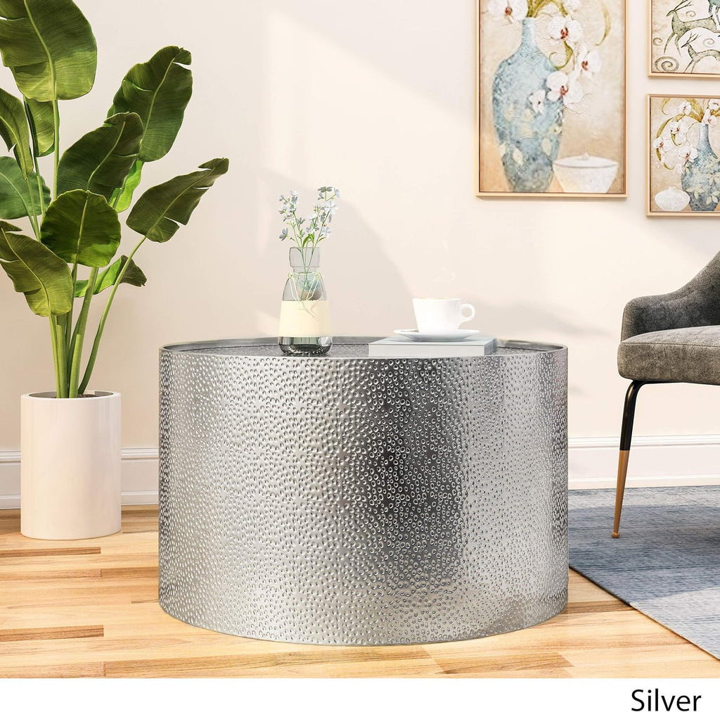 Christopher Knight Home Rache Modern Round Coffee Table with Hammered Iron, Silver, 26. 00' L x 26. 00' W x 17. 25' H