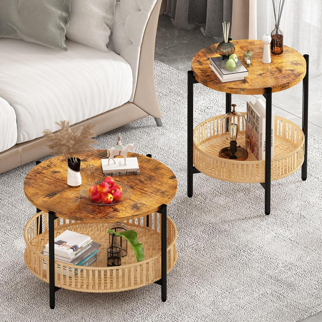 AWQM 3 Pieces Coffee Table Set for Living Room, 2 Tier Round Rattan Coffee End Side Table, Boho Living Room Table Set with Metal Frame for Bedroom Office