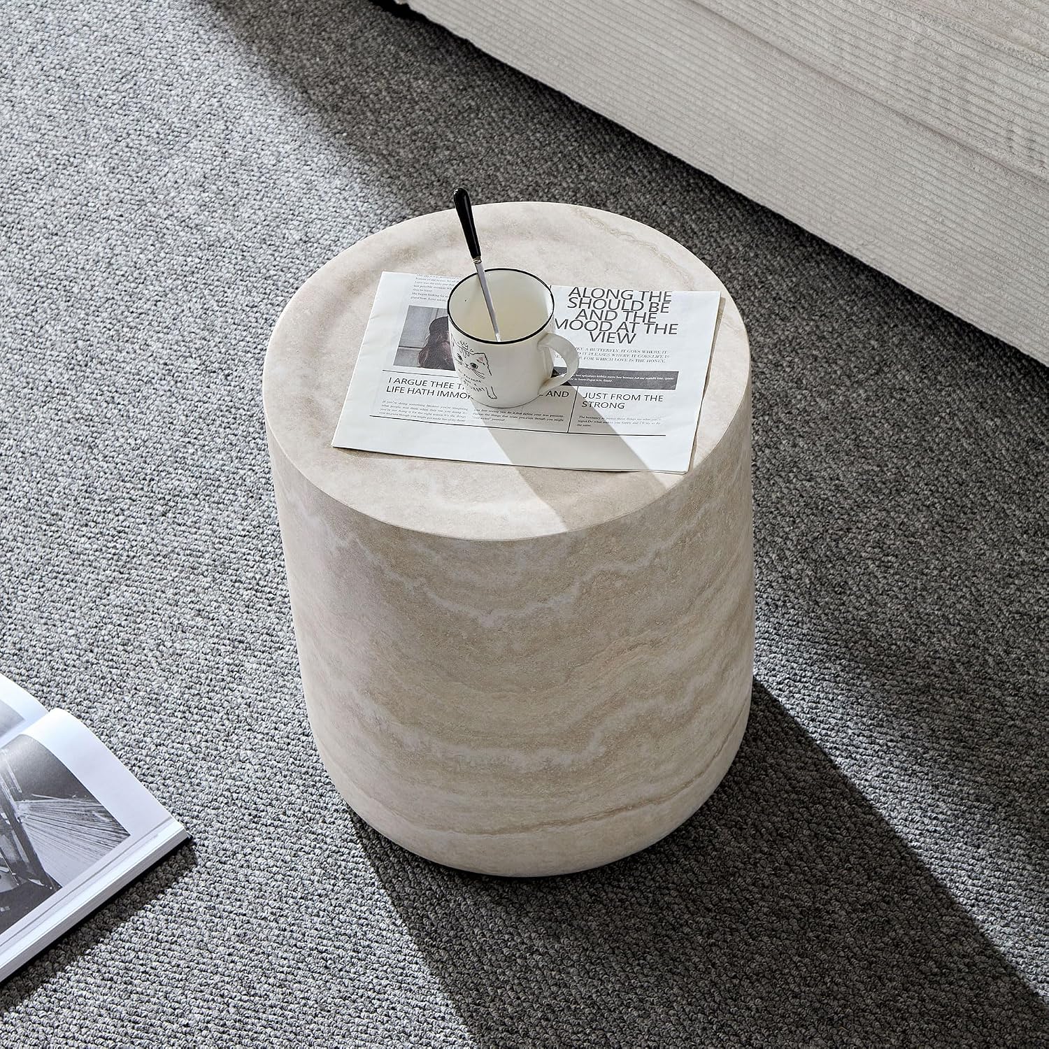 WILLIAMSPACE 15.74' Round End Table with Mars Pattern for Living Room, Modern Drum Circle Faux Marble Side Table, Fiberglass Stone Sofa Table for Apartment, No Need Assembly (Mars Pattern)
