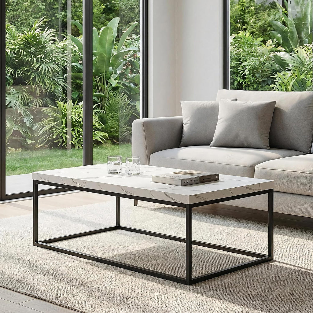 CENSI 47-Inch White Marble Coffee Table Ottoman Center Table for Living Room, Rectangle Modern Industrial Style,Wood and Metal (Marble)