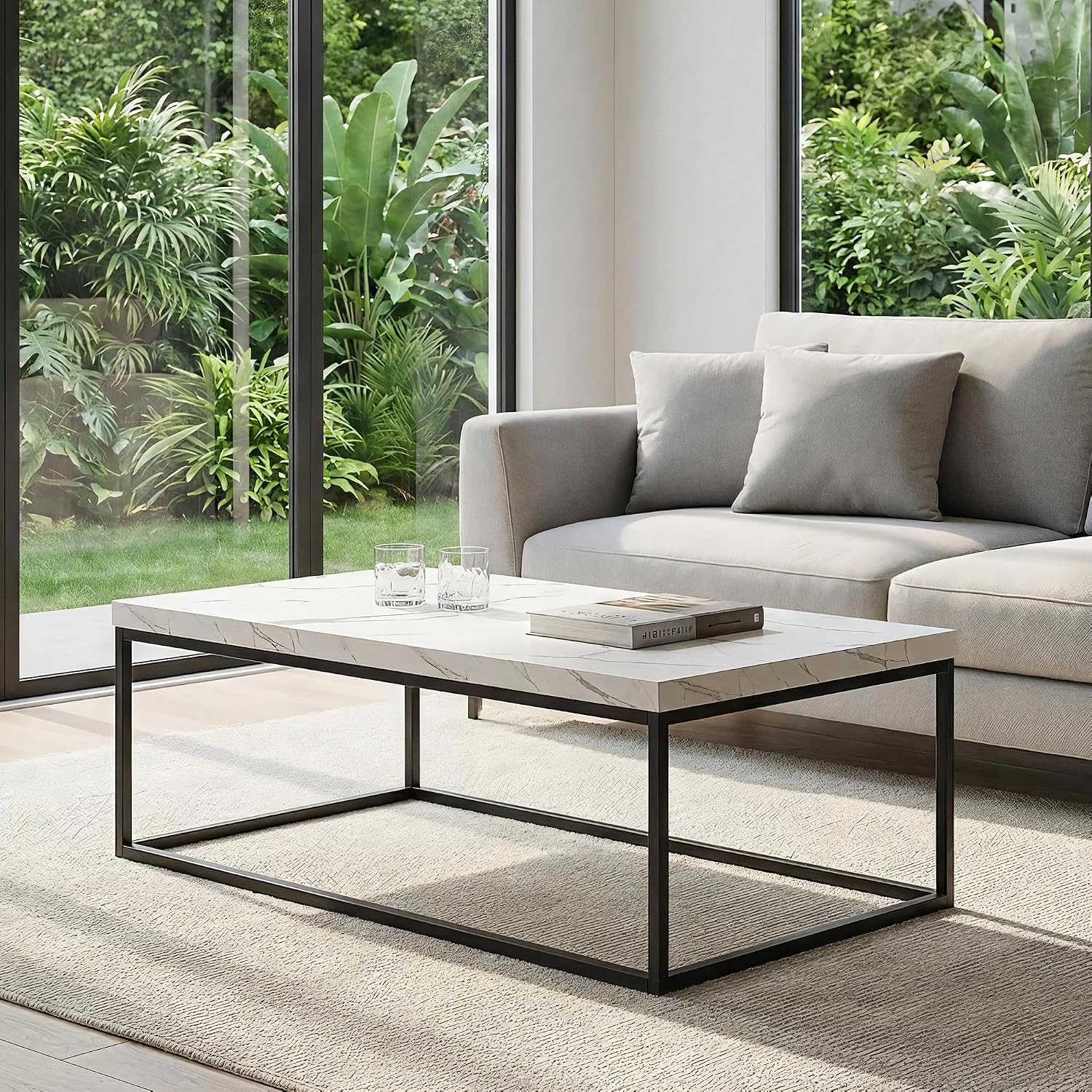 CENSI 47-Inch White Marble Coffee Table Ottoman Center Table for Living Room, Rectangle Modern Industrial Style,Wood and Metal (Marble)