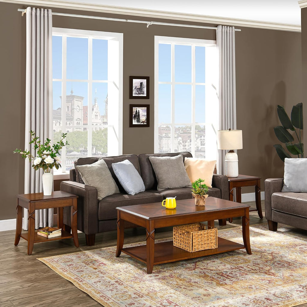 Mid-Century Modern Coffee Table Set of 3, 3-Piece Solid Wood Living Room Table Set, Coffee Table with 2 Square End Side Tables, Cherry Walnut Home Furniture for Apartment KFZ-DR200-3