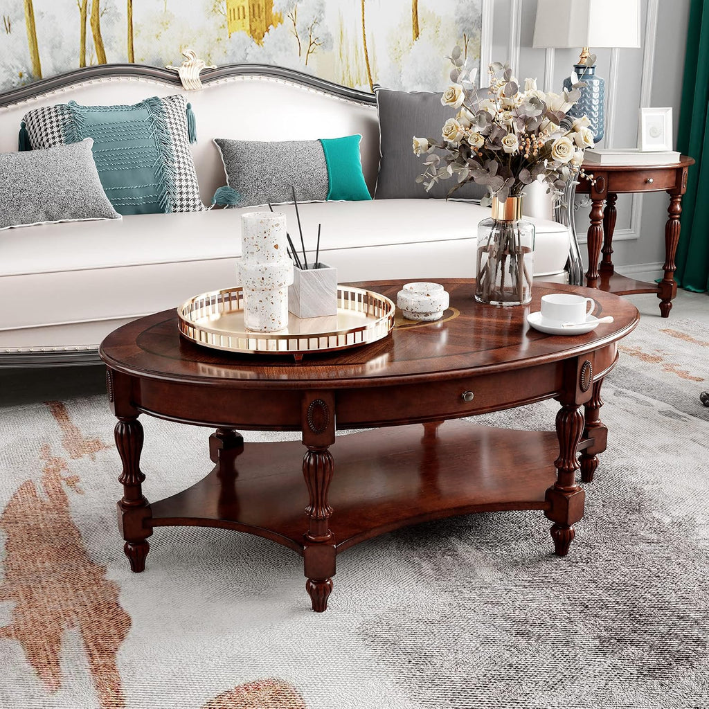 Solid Wood Coffee Table with Drawer and Storage Shelf, Traditional Living Room Cocktail Tea, Oval Center Carvings Side Vintage 46''Lx 29''Wx18.2''H Cherry Walnut KFZ1533WD-DR